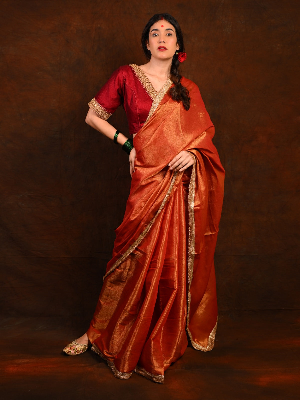 Pure Dual Shade Silk Saree with Stitched Embroidered Blouse