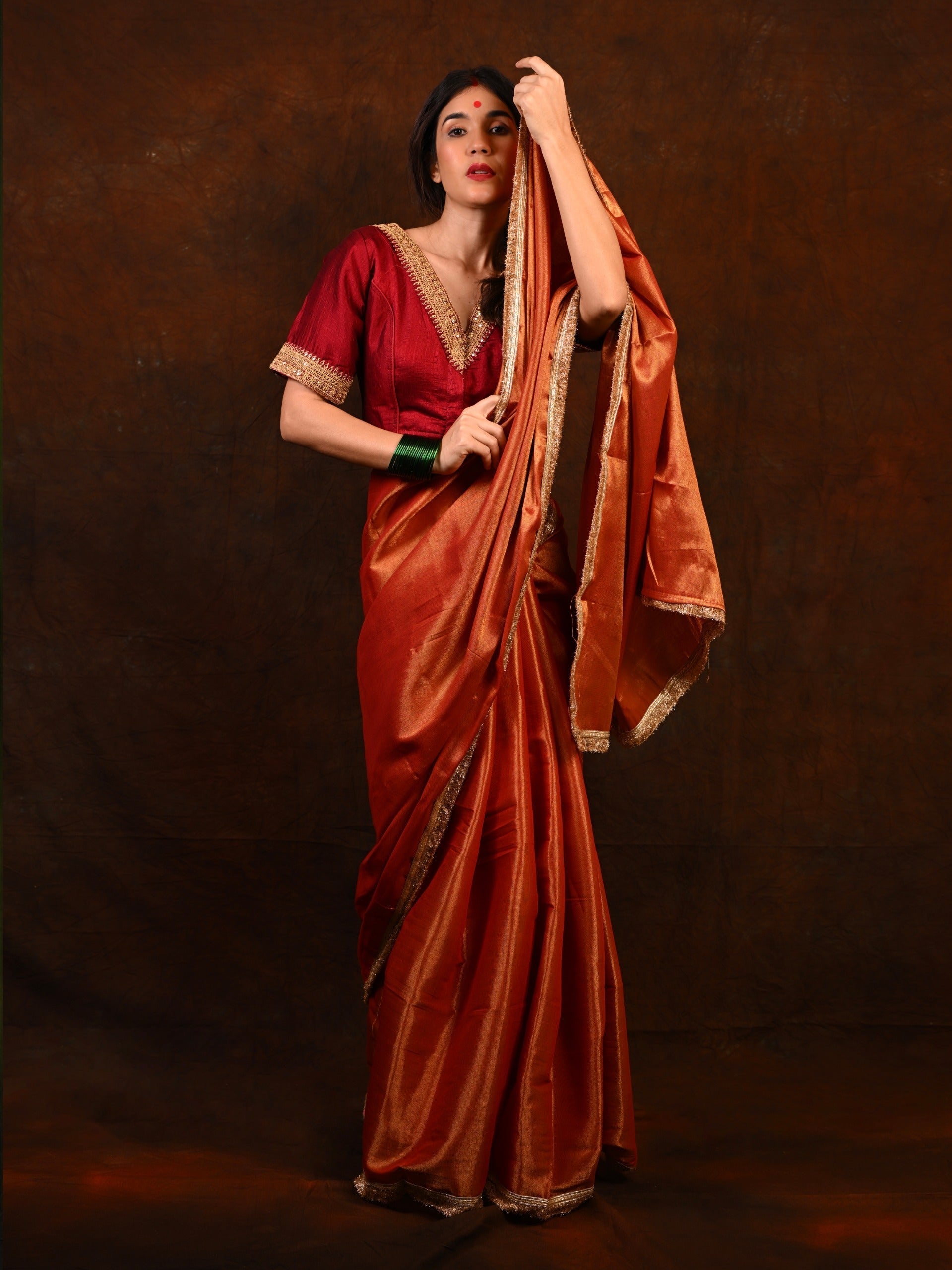 Pure Dual Shade Silk Saree with Stitched Embroidered Blouse