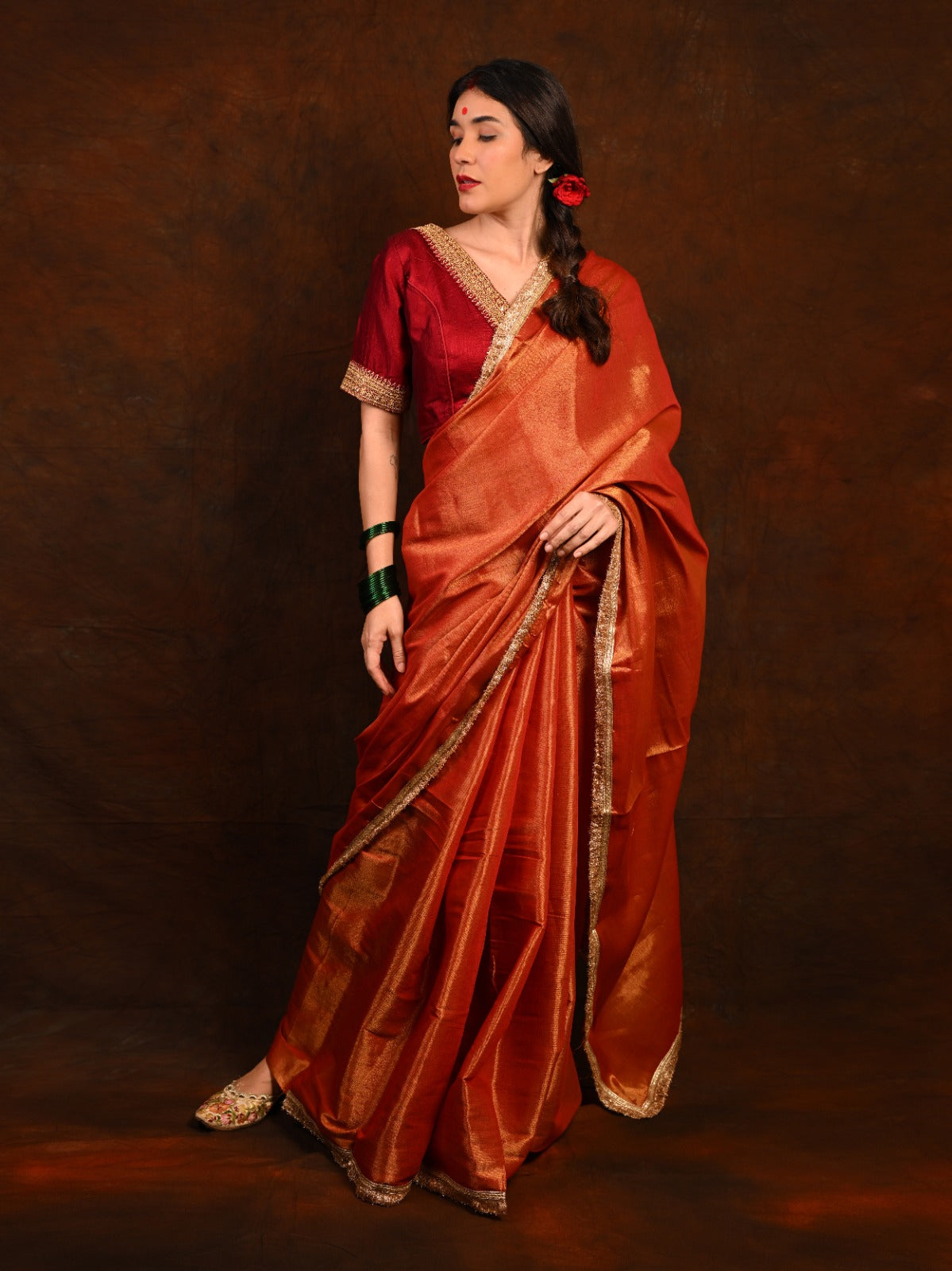 Pure Dual Shade Silk Saree with Stitched Embroidered Blouse