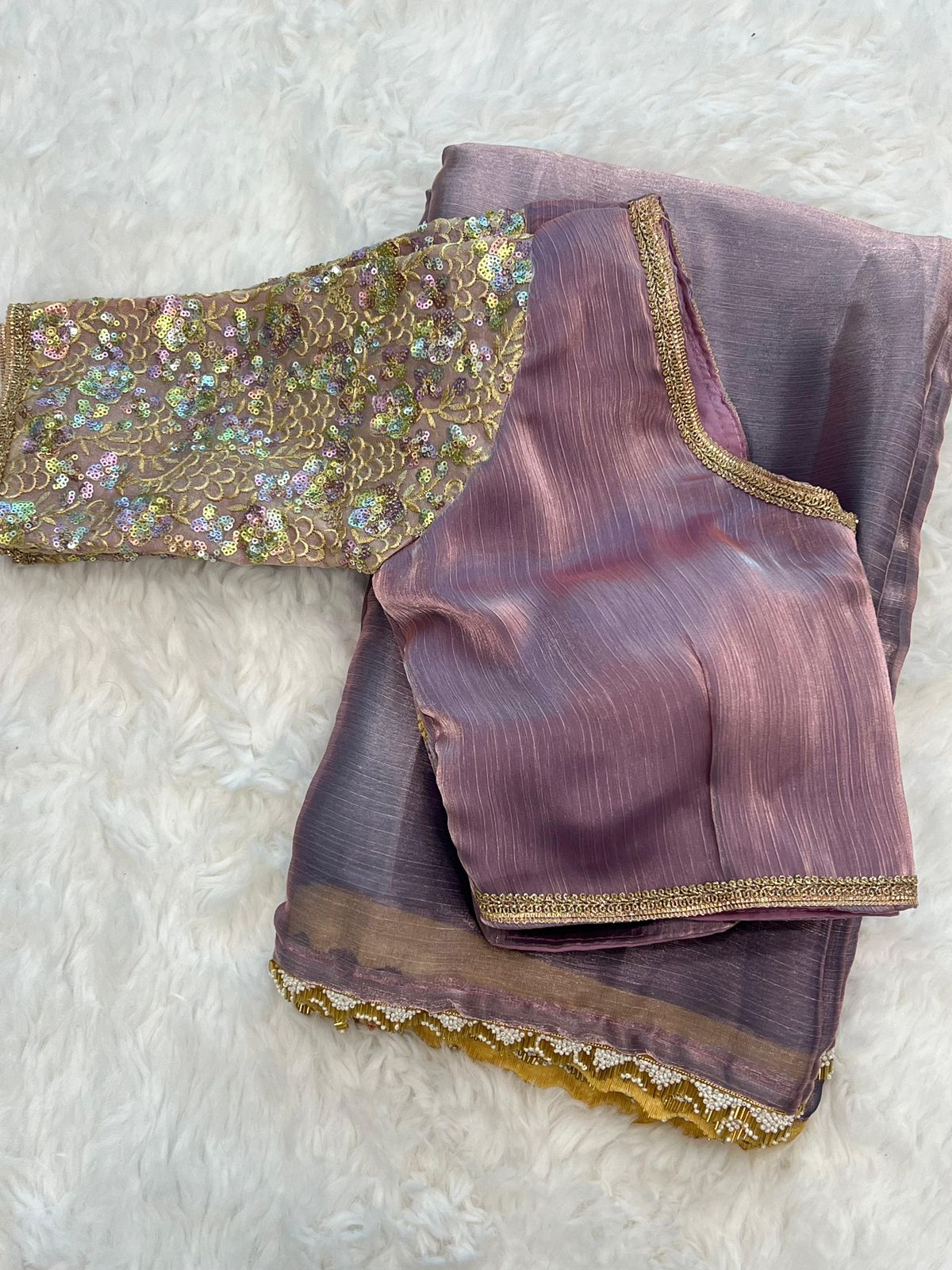 Premium Glass Tissue Silk Saree with Two-Tone Zari and Gold Lace Border