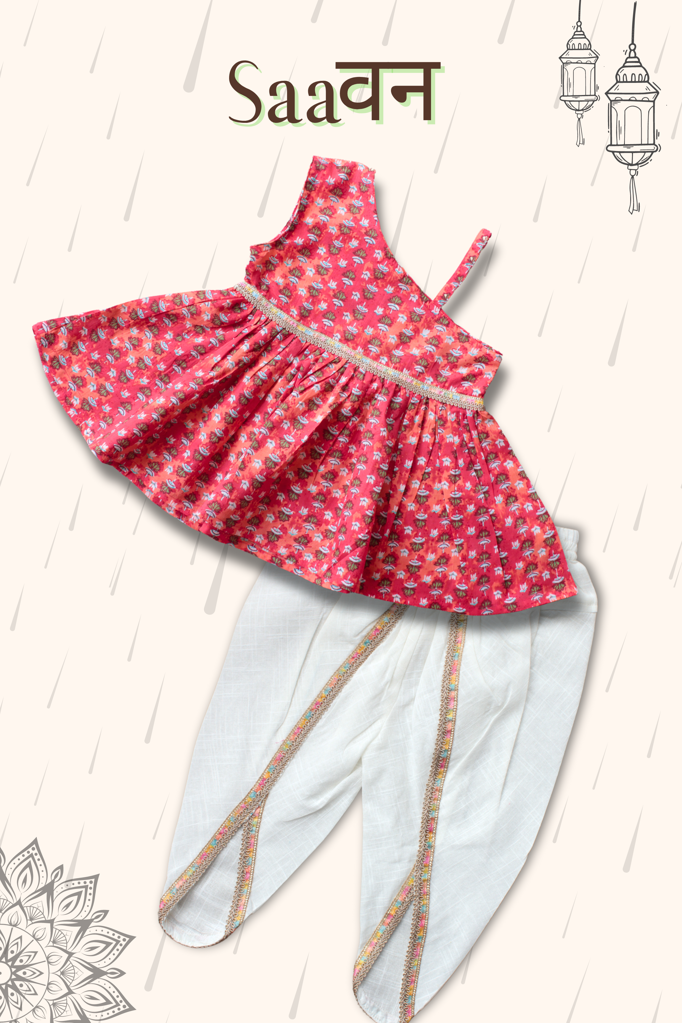 Girls Saavan Pure Cotton Ethnic Clothing set - Red booti print