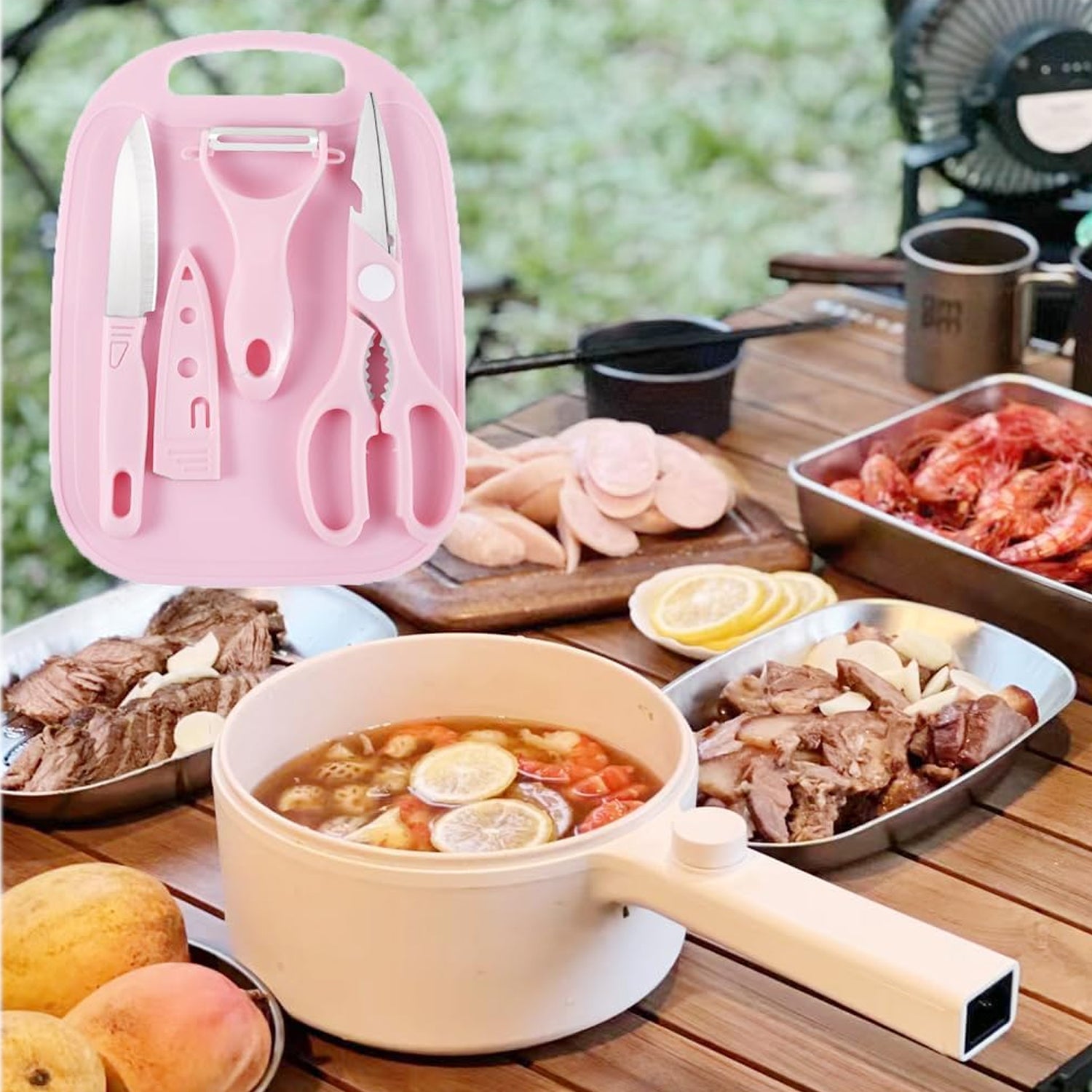 5490 Mini Travel Cutting Board Set 4 Pcs Portable Mini Camping Plastic Cutting Board Knife Fruits Vegetable Peeler Scissors Kitchen Knives Set For Travel Picnic Camping Outdoor Park (4 Pc Set)