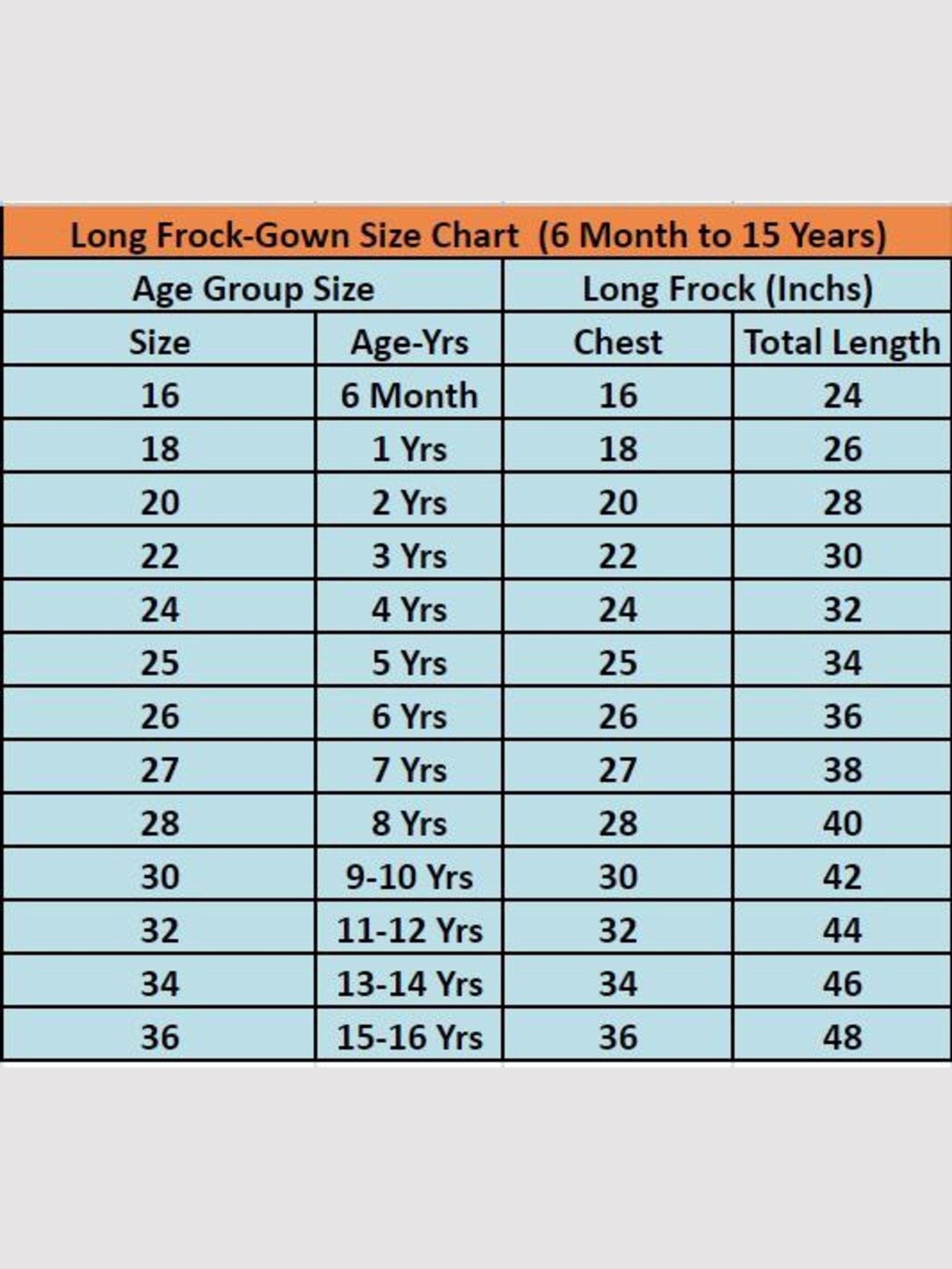 Size chart for long frock-gown, ages 6 months to 15 years