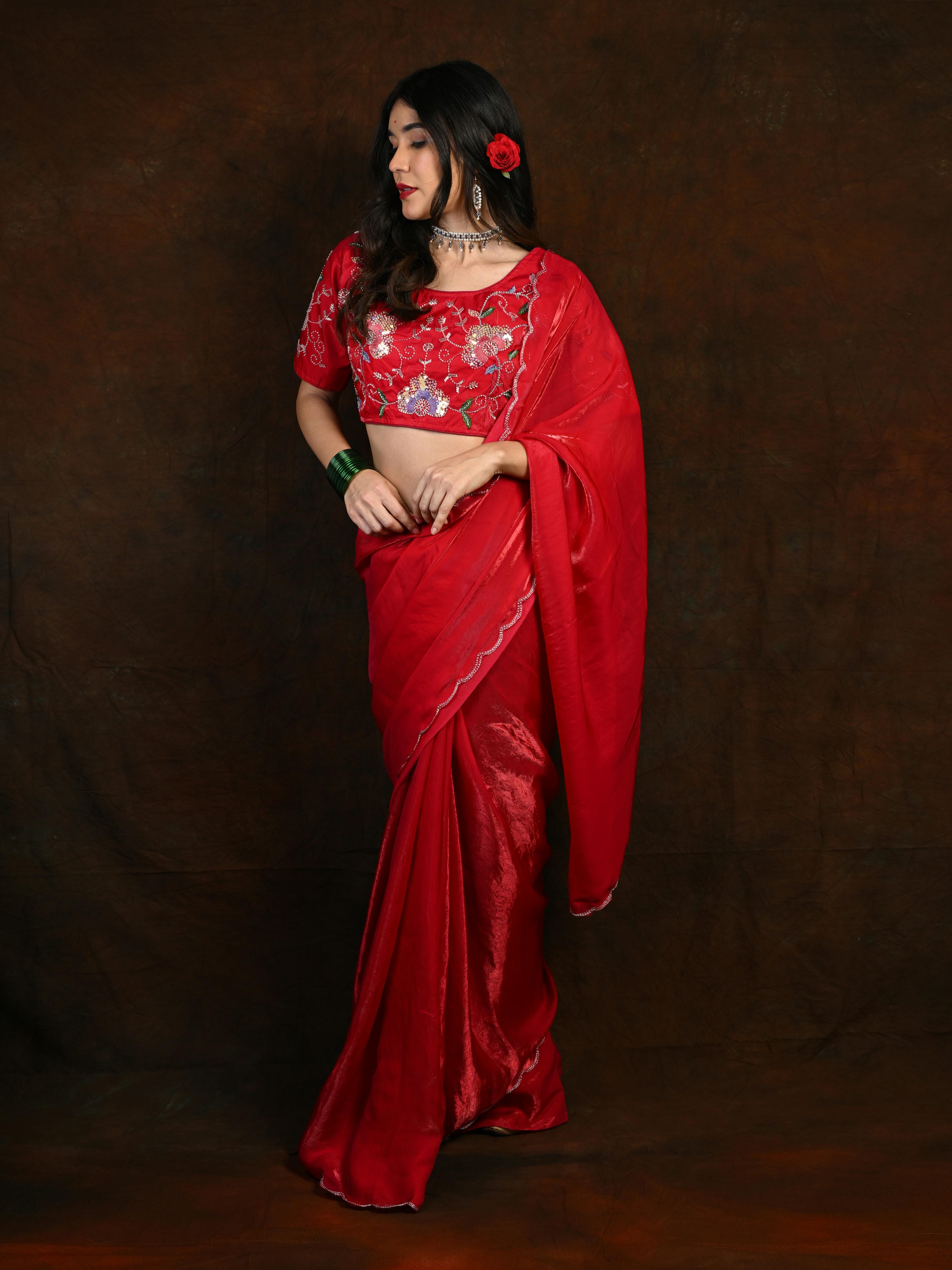 Premium Space Silk Saree with Handwork and Embroidered Blouse (Unstitched)