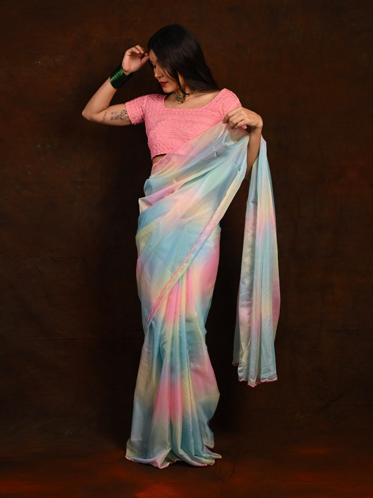 Exquisite Taby Organza Saree with Heavy Thread-Work Blouse