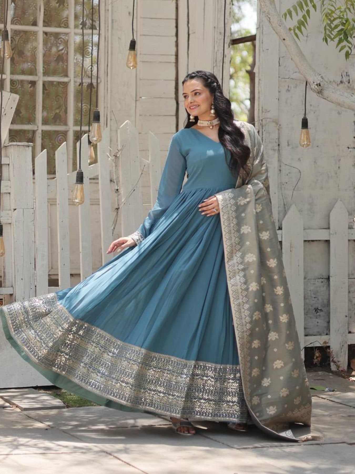 Blue sequins embroidered gown with dupatta, elegant design