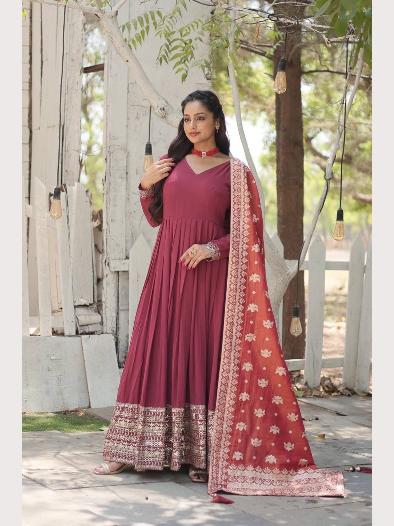 Maroon sequins embroidered gown with dupatta, V-neck style