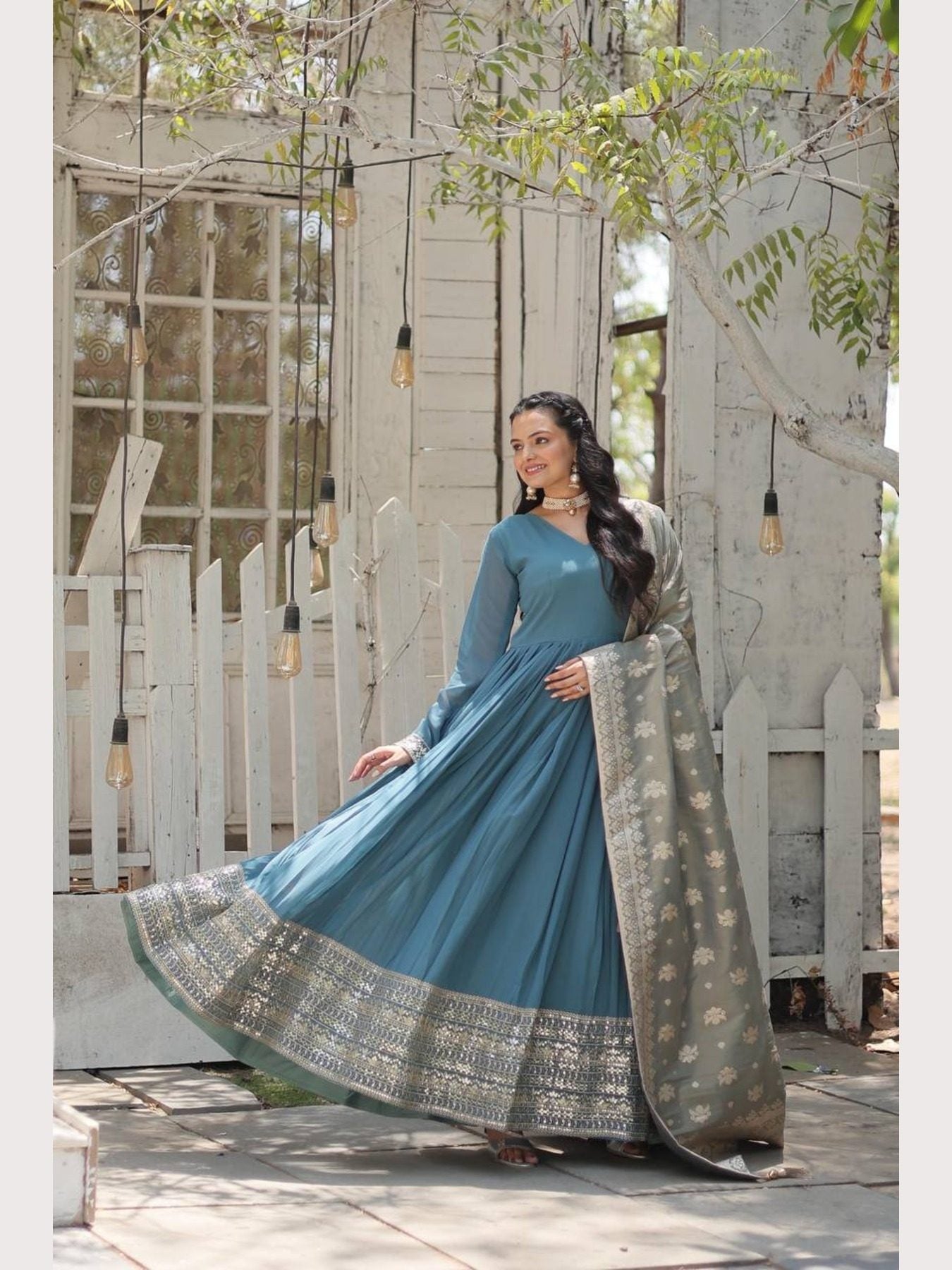 Elegant blue gown with sequins embroidery and dupatta