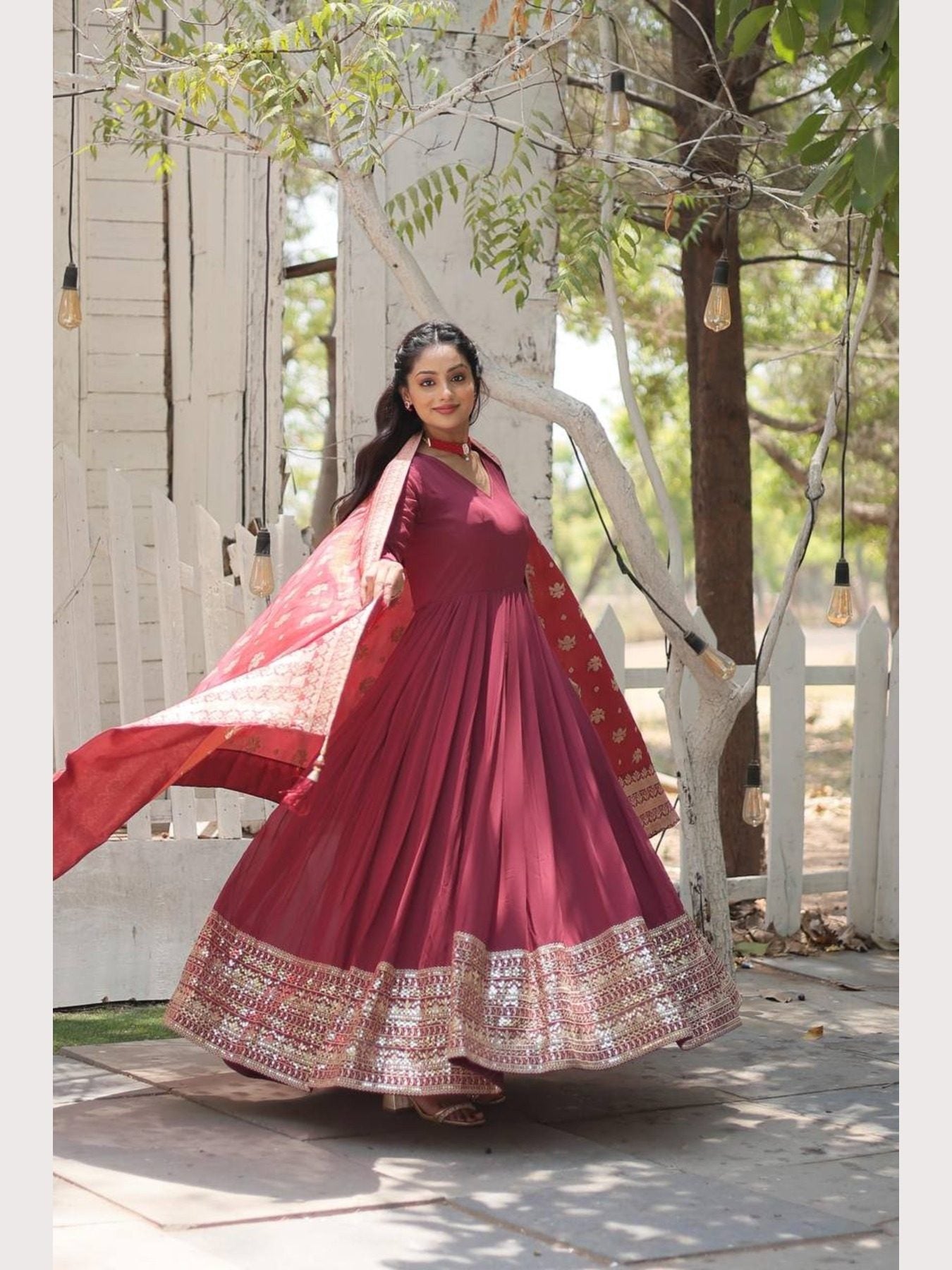 Maroon gown with sequins embroidery and elegant dupatta