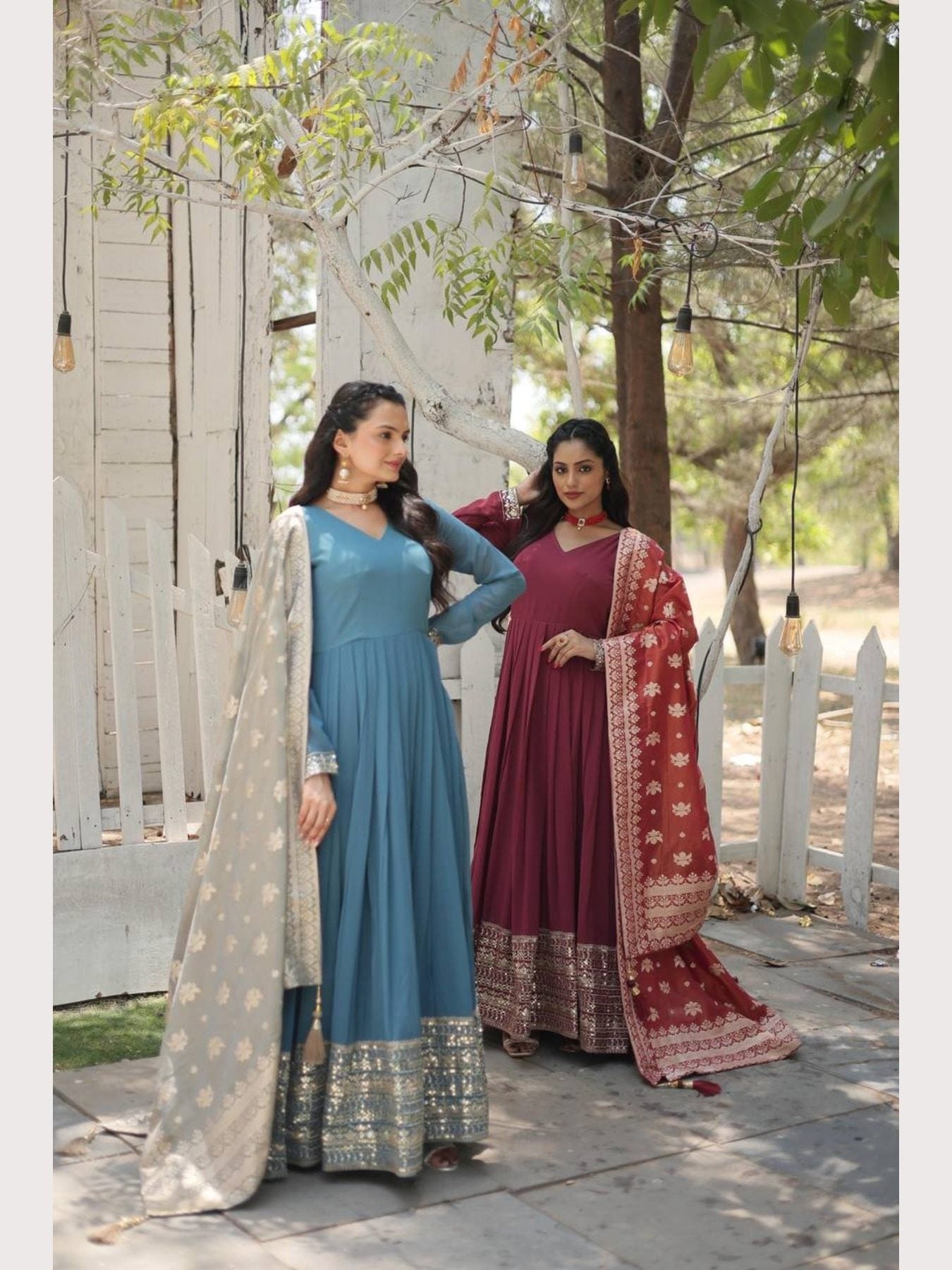 Elegant blue and maroon gowns with embroidered dupattas