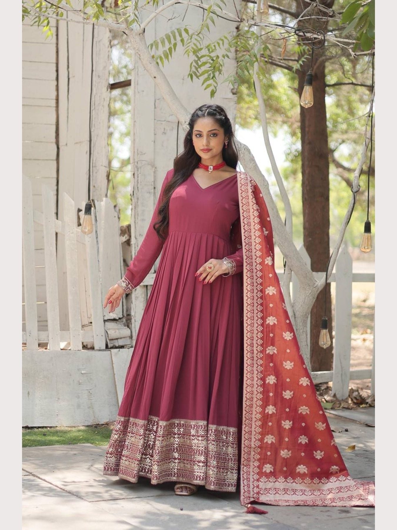 Maroon V-neck gown with sequins embroidery and dupatta