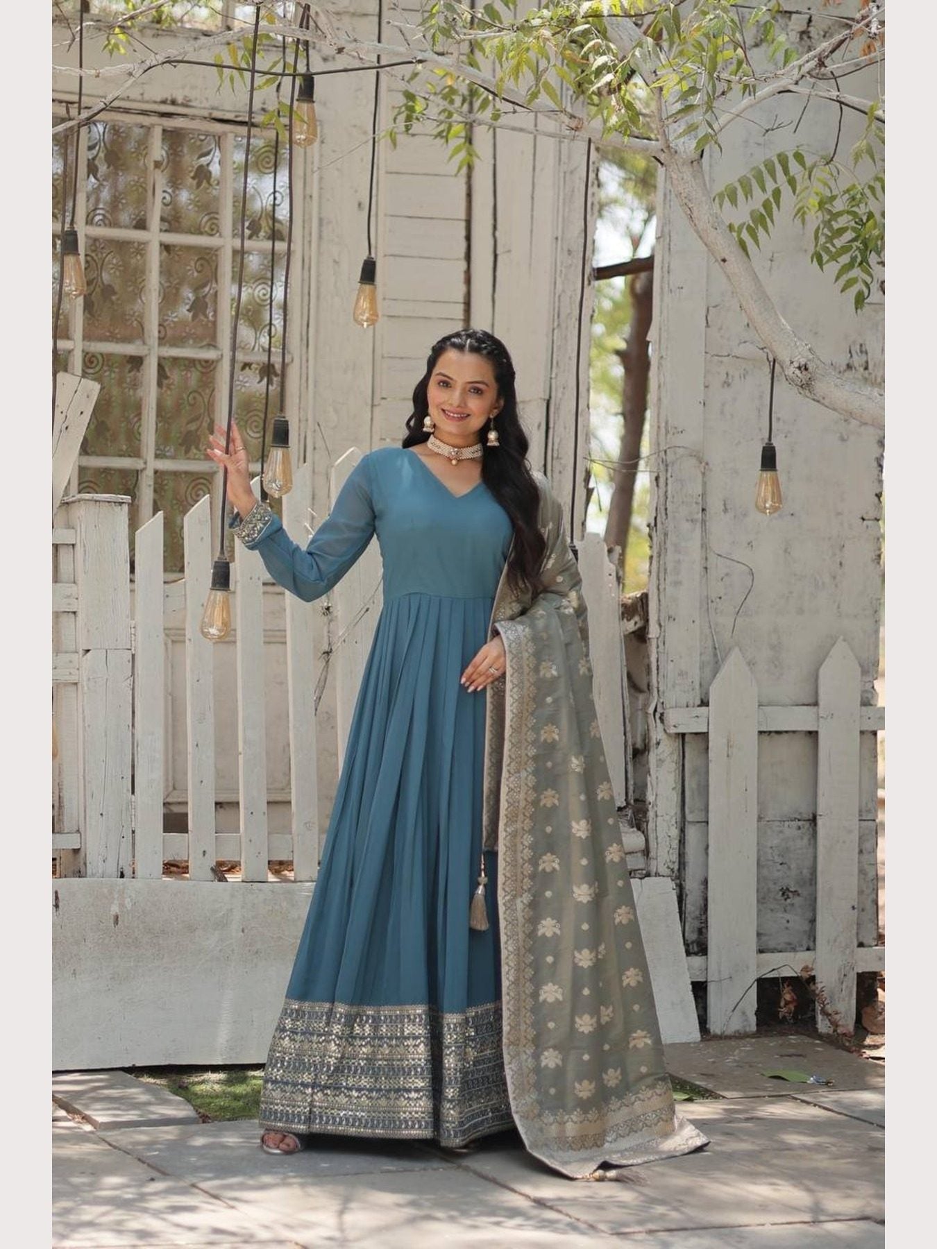 Blue gown with sequins embroidery, elegant dupatta style