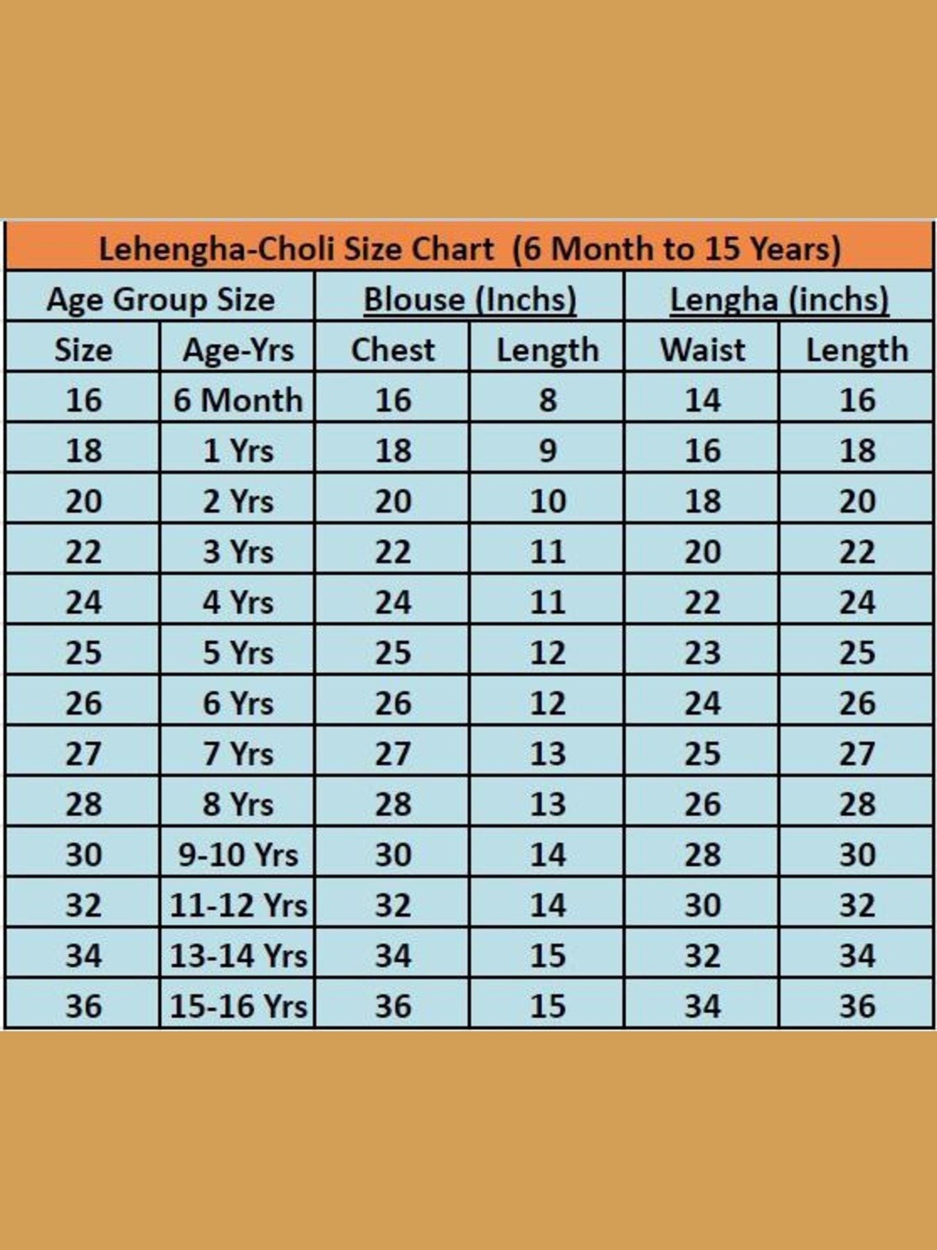 Lehenga choli size chart for ages 6 months to 15 years