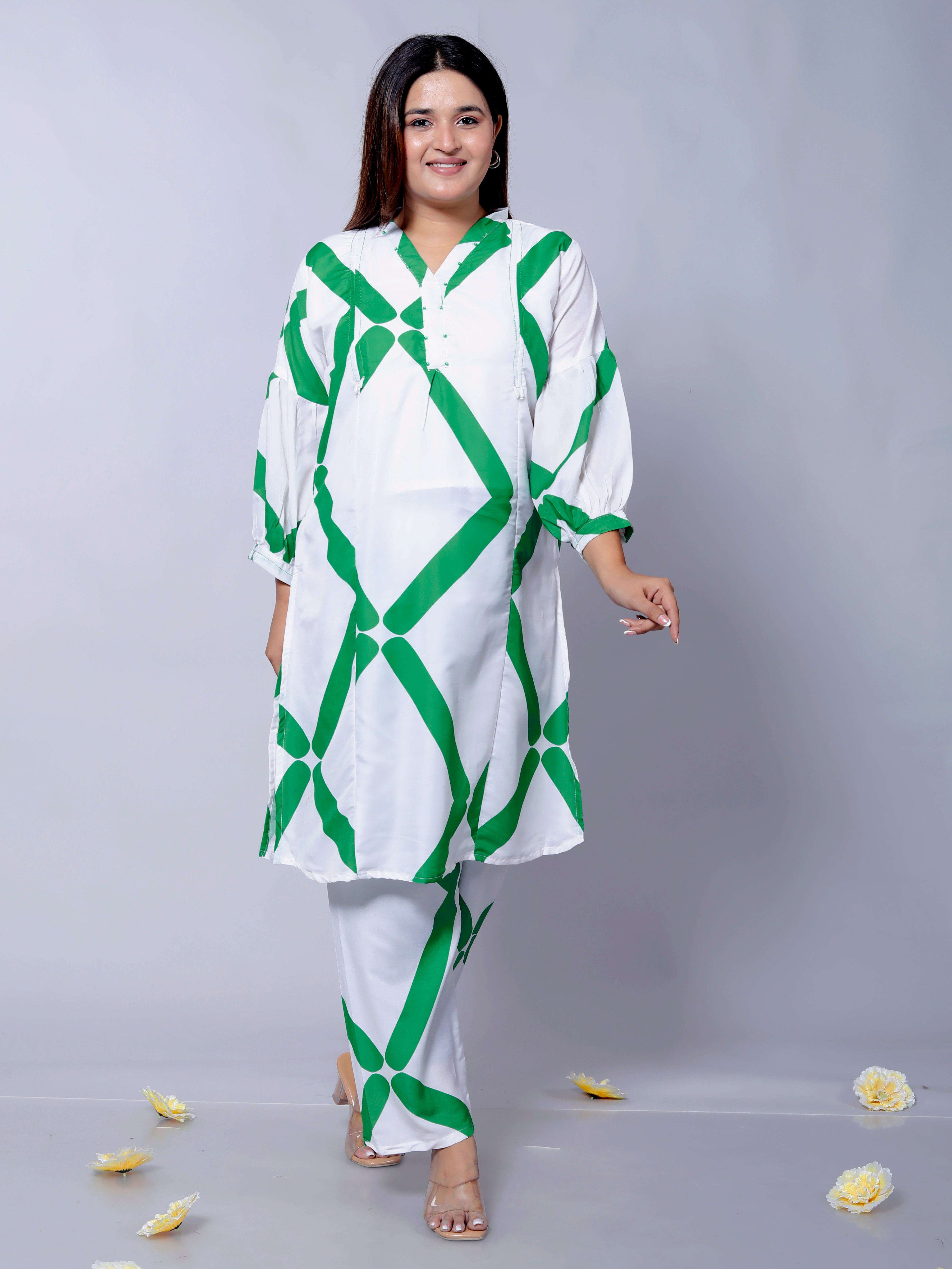 Green Clamp Party Co-Ord Set D01195 – Stylish Muslin Cotton Two-Piece Outfit