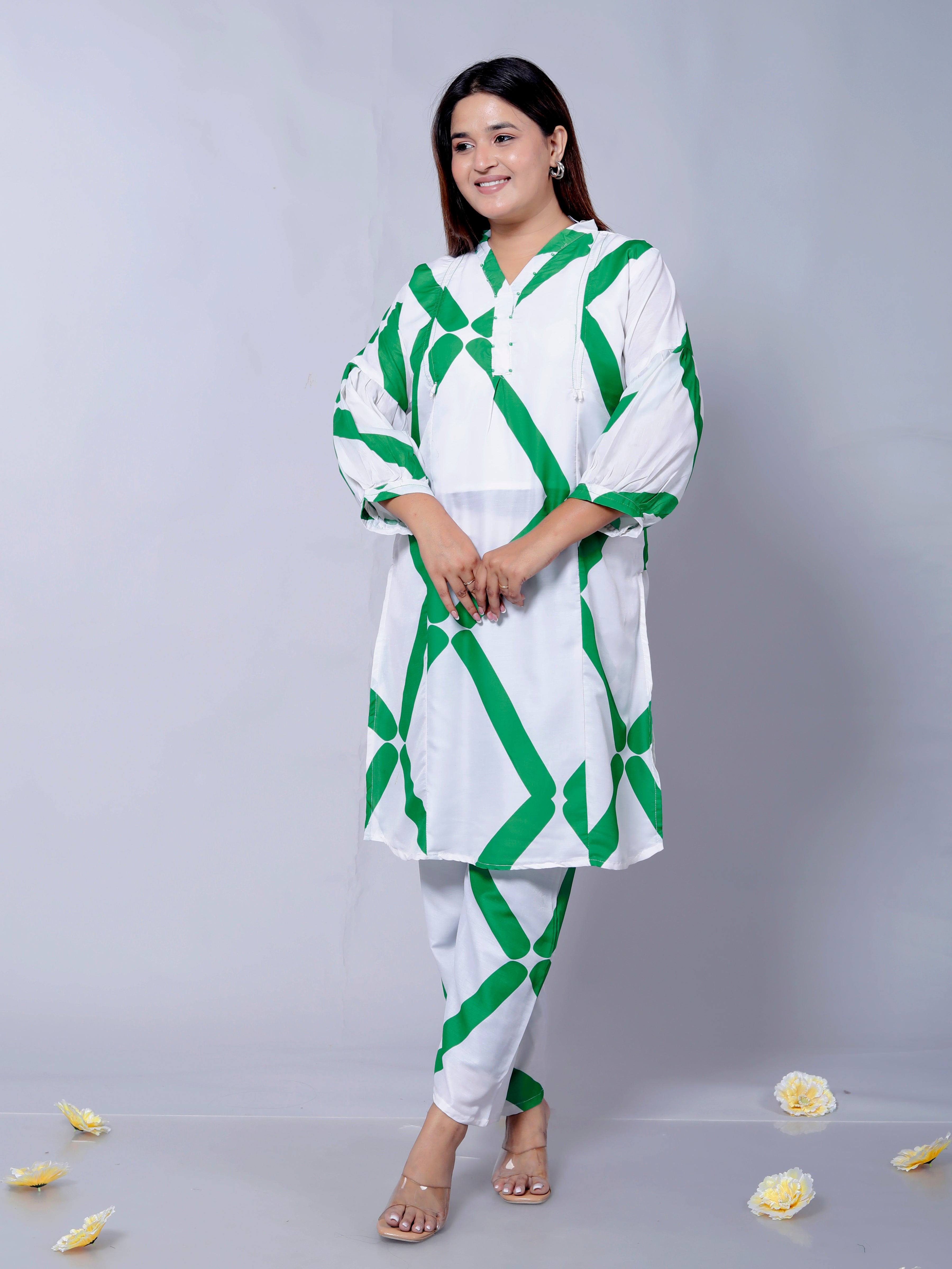 Green Clamp Party Co-Ord Set D01195 – Stylish Muslin Cotton Two-Piece Outfit