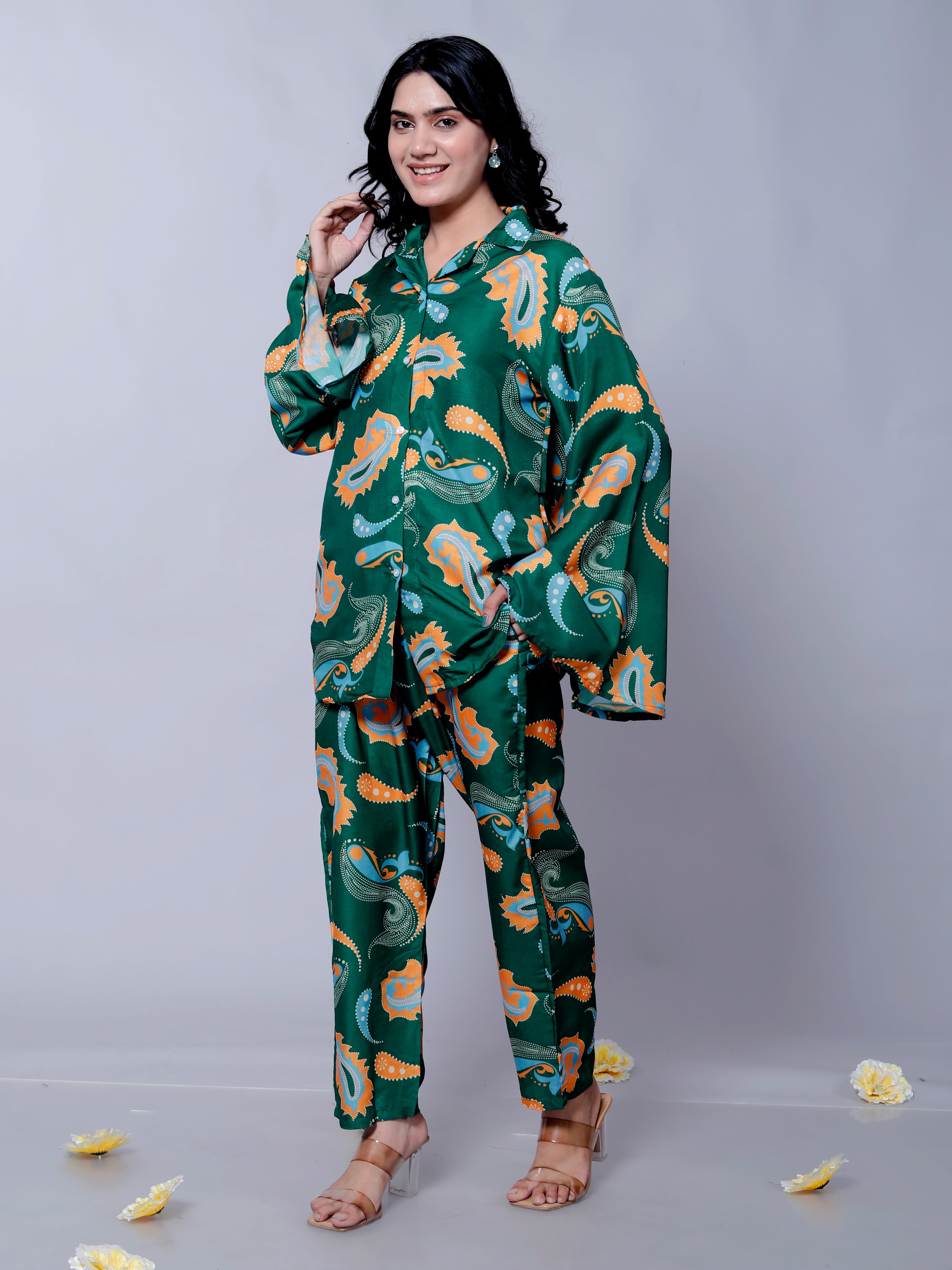 Celebrity Style Green Paisley Printed Designer Co-Ord Set D01099 – Elegant and Trendy