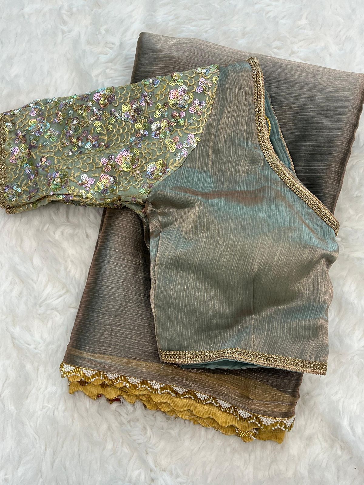 Premium Glass Tissue Silk Saree with Two-Tone Zari and Gold Lace Border