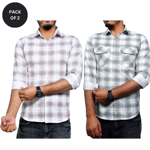 Men Slim Fit Checkered Cut Away Collar Casual Shirt (Pack of 2)