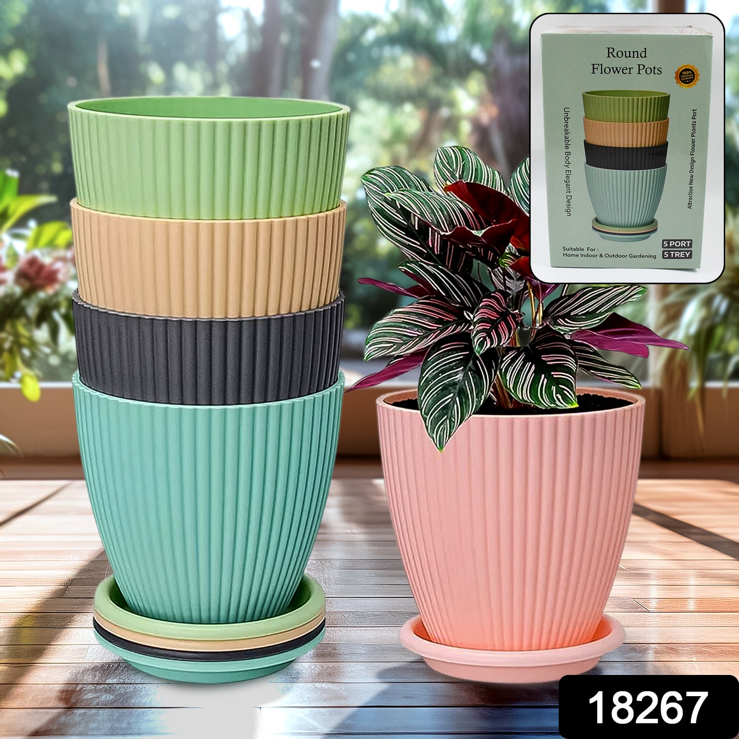 Plastic Flower Pot With Bottom Tray (5 Pcs Set)