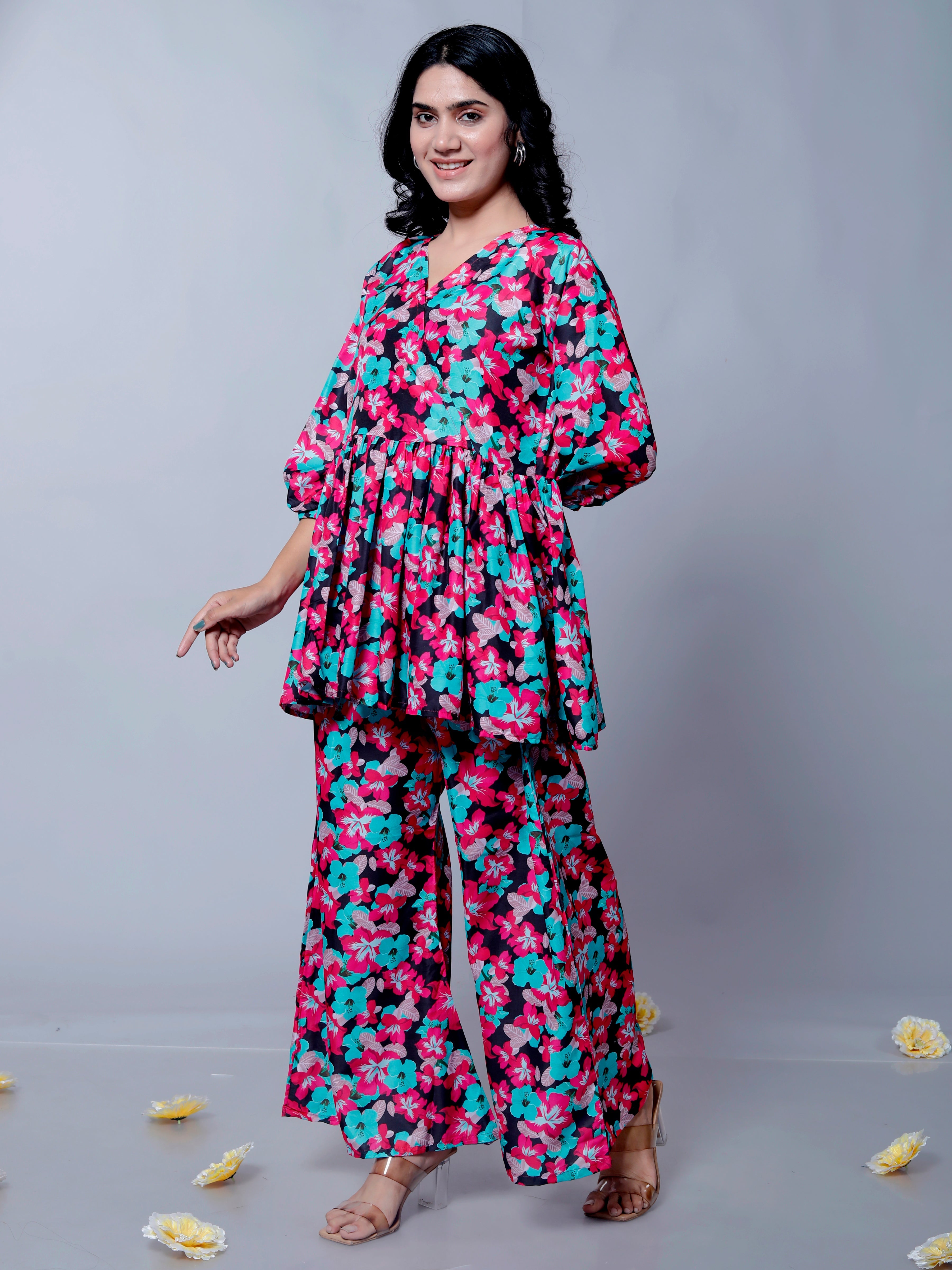 Black Flower Printed Muslin Cotton Peplum Coord Set D6038 – Elegant and Comfortable