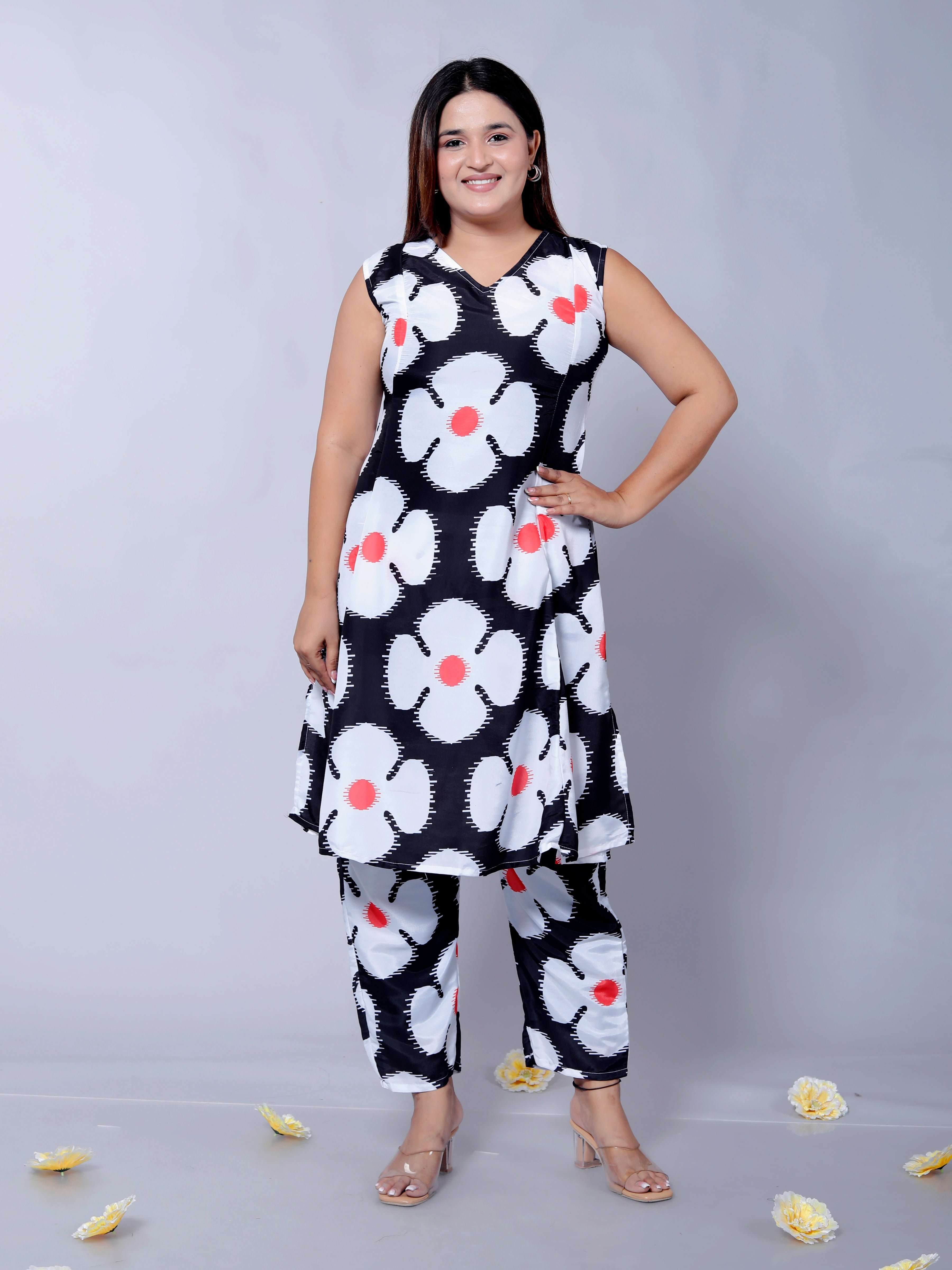 Women's Floral Printed Muslin Cotton Kurta with Matching Trousers D6023 – Stylish Sleeveless V-Neck Outfit