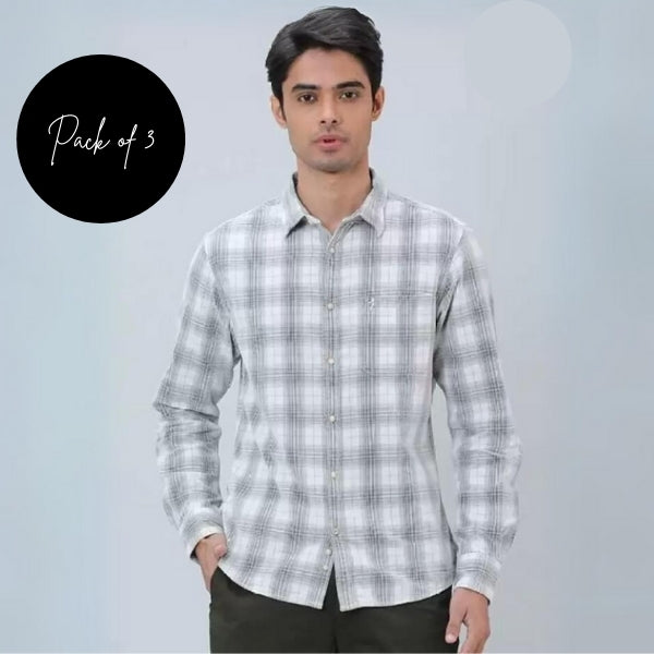 Men Slim Fit Checkered Cut Away Collar Casual Shirt (Without pocket - Pack of 3)