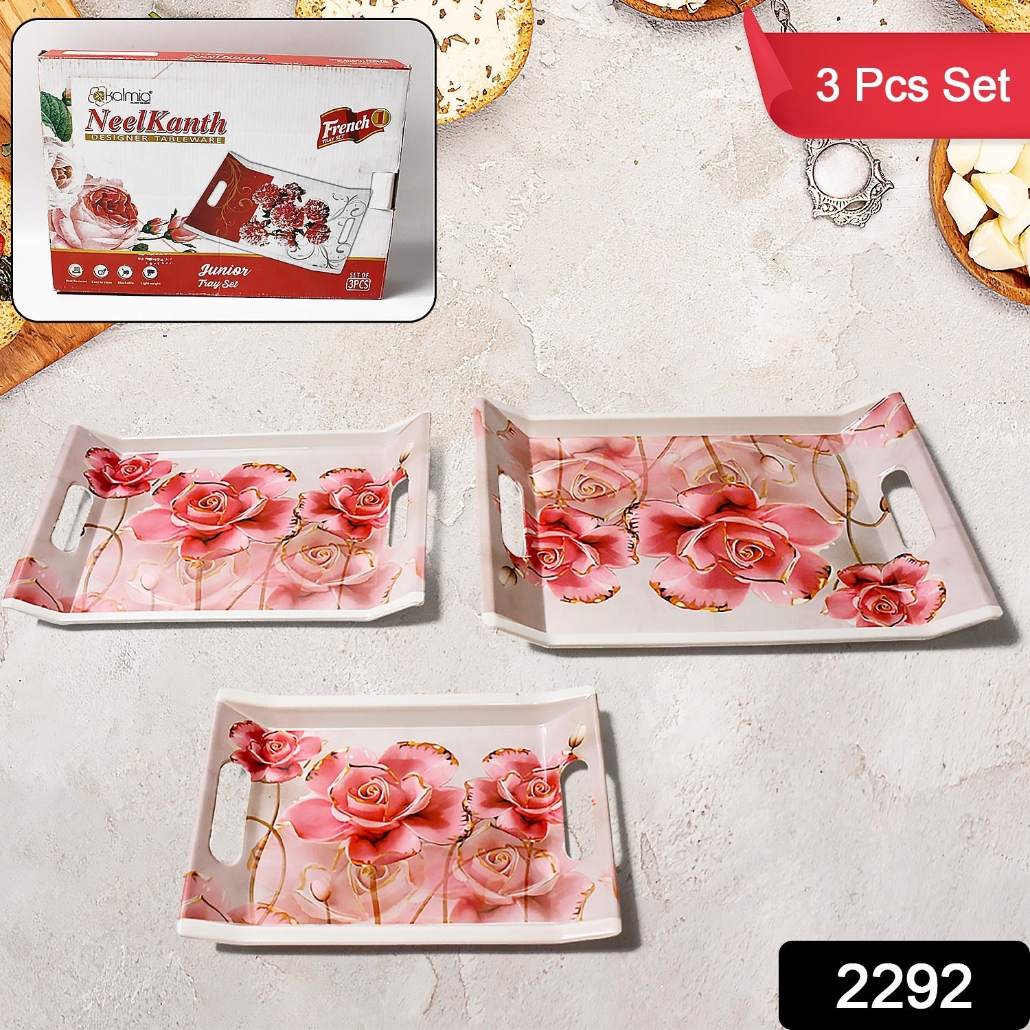 2292 Plastic Rectangular Shape Flower Printed Design Serving Tray 3 Pcs Home And Kitchen Use (3 Pcs Set)