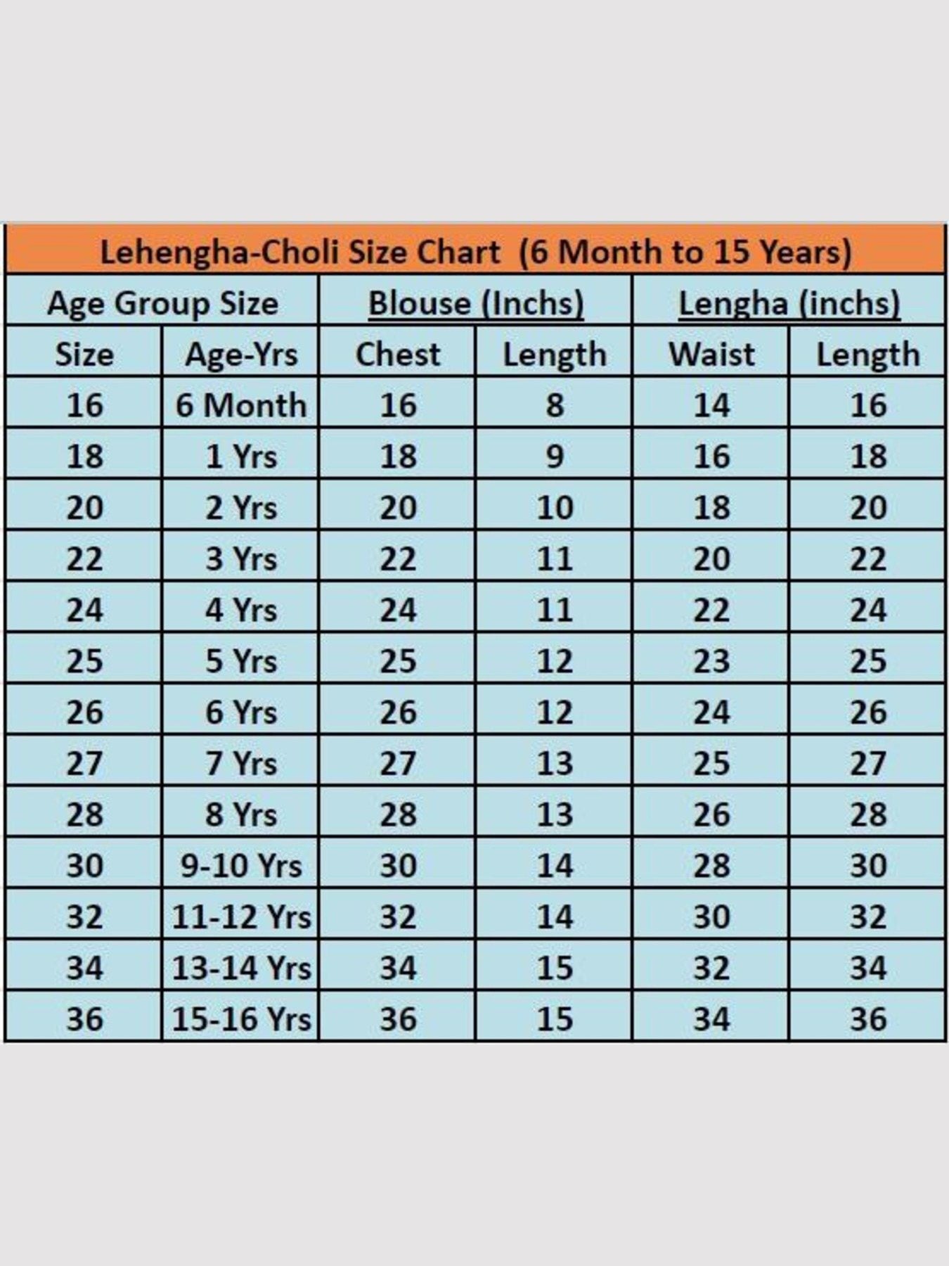 Lehenga choli size chart for kids, 6 months to 15 years