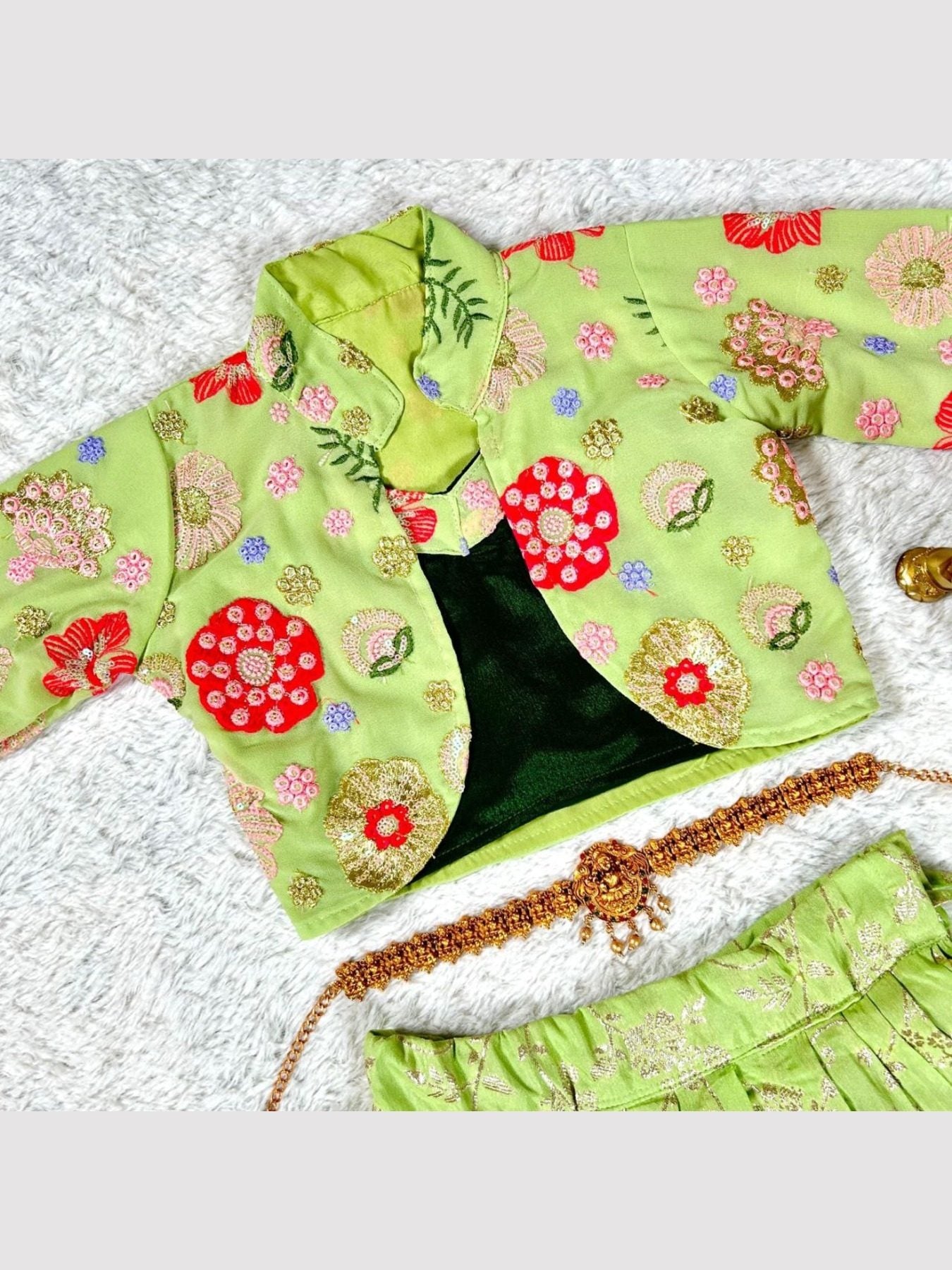 Green embroidered jacket and lehenga set for kids