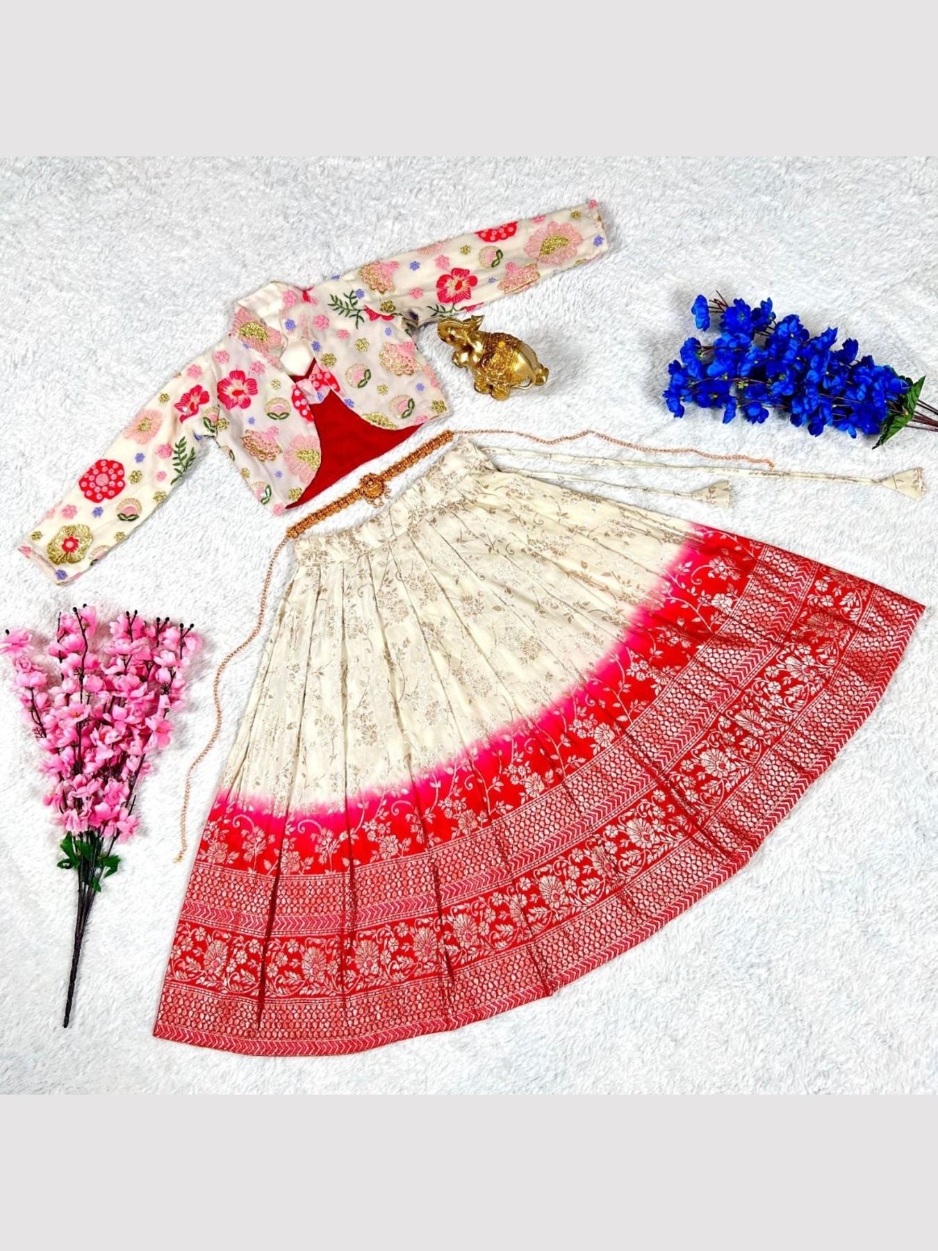 Full lehenga choli set with floral jacket and accessories