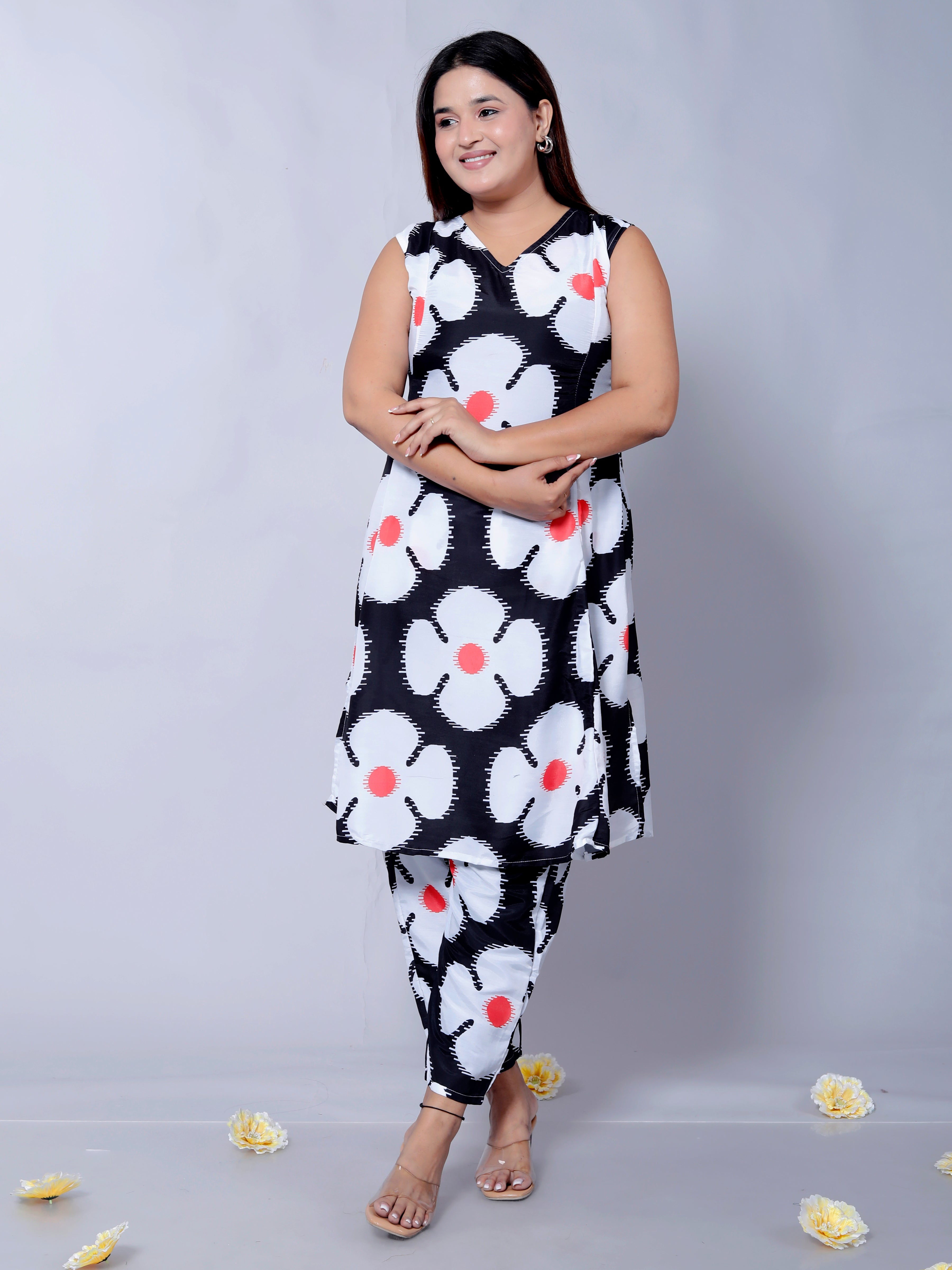 Women's Floral Printed Muslin Cotton Kurta with Matching Trousers D6023 – Stylish Sleeveless V-Neck Outfit