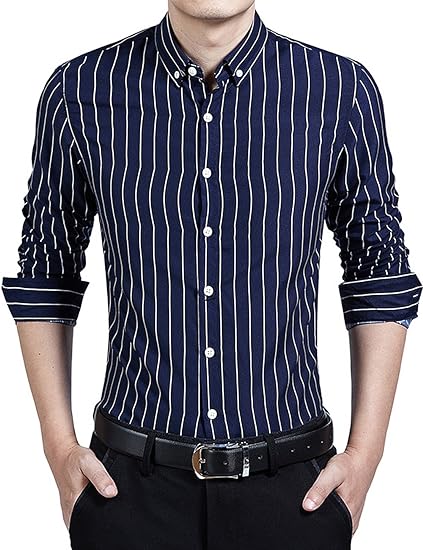 Men's Casual Business Vertical Striped Sleeved Button Up Dress Shirt ( Pack of 2 )