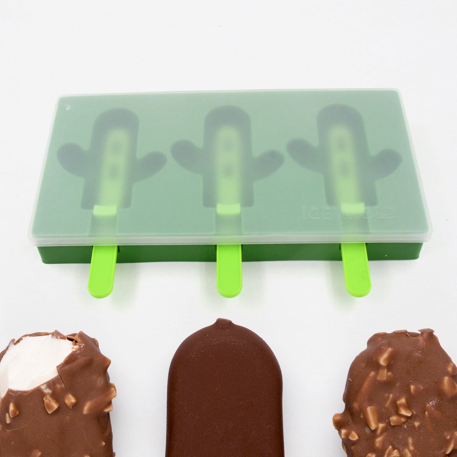 10077 Ice Cream Mould Popsicle Mold Cactus Shape Ice Pop Molds Homemade Popsicle For Diy Ice Popsicle 3-cavity Summer Food Kitchen Tools (1 Pc)