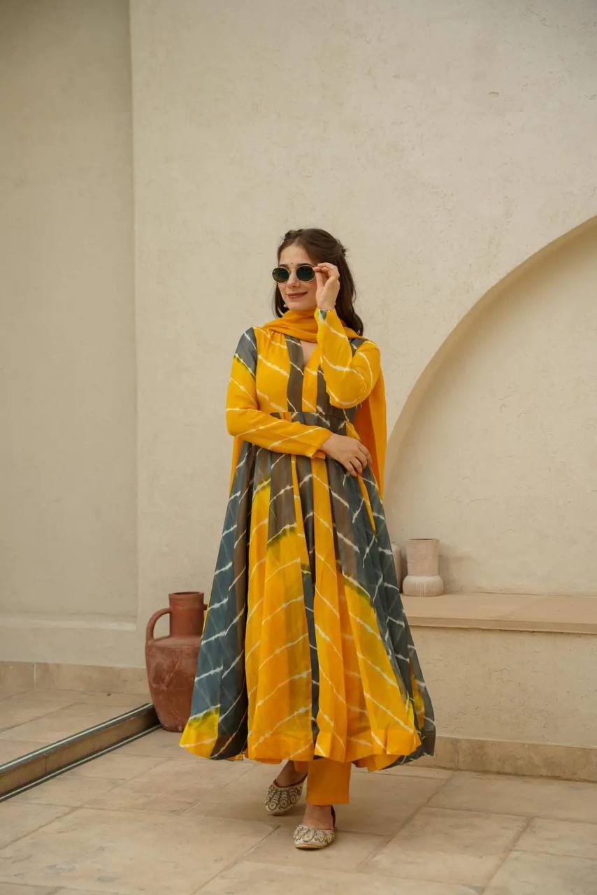 Vrinda Leheriya Suit Set in Luxurious Georgette - Yellow & Dark Grey