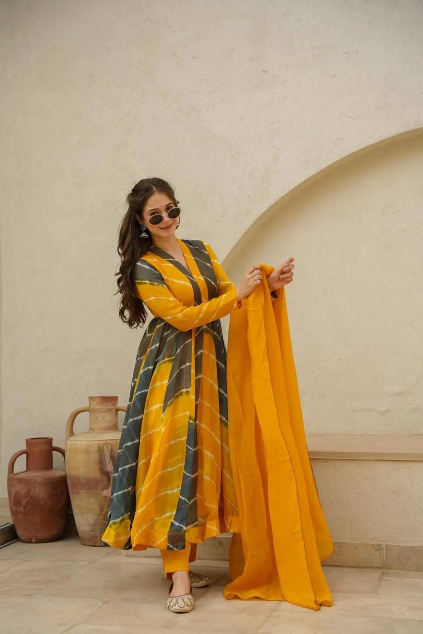 Vrinda Leheriya Suit Set in Luxurious Georgette - Yellow & Dark Grey