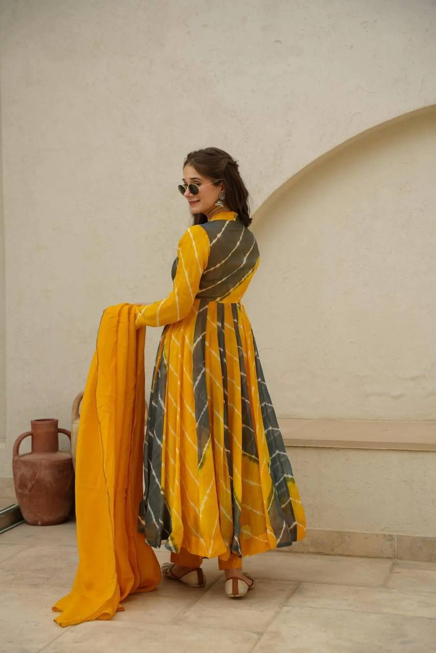 Vrinda Leheriya Suit Set in Luxurious Georgette - Yellow & Dark Grey