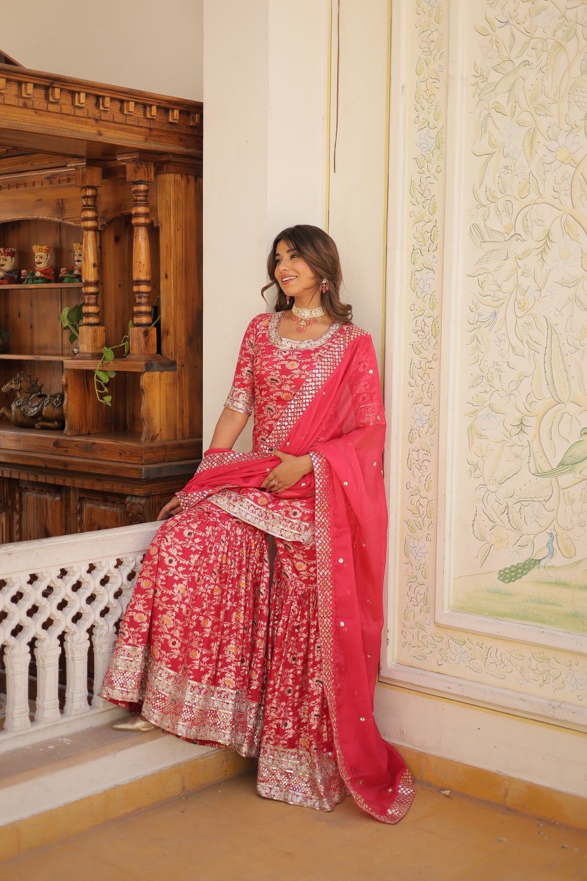 Ready to Wear Kurti Gharara - Viscose Jacquard with Sequins & Zari Embroidery