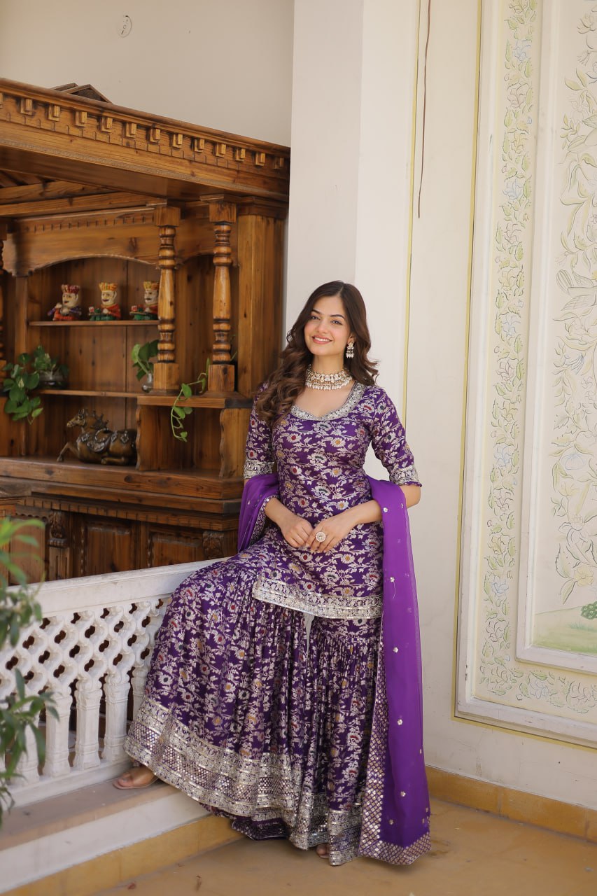 Ready to Wear Kurti Gharara - Viscose Jacquard with Sequins & Zari Embroidery