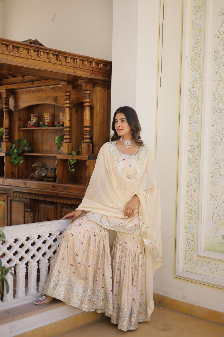 Ready to Wear Kurti Gharara - Viscose Jacquard with Sequins & Zari Embroidery