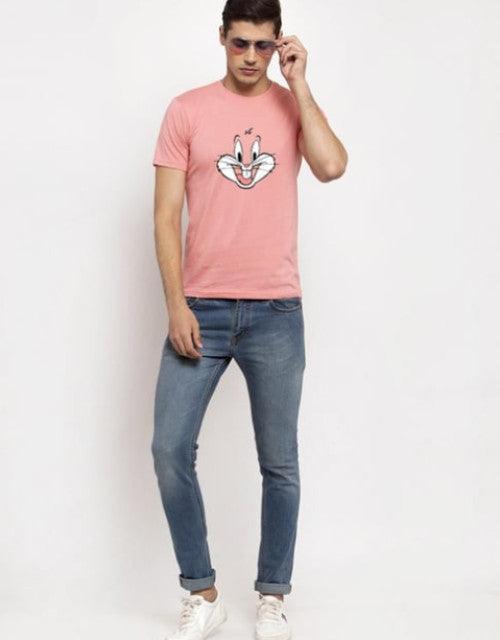 Pink Mens Yellow Cotton Printed T Shirt, Round Neck