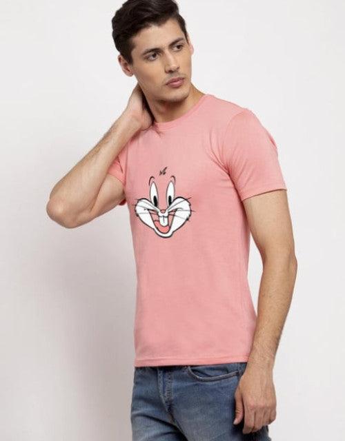 Pink Mens Yellow Cotton Printed T Shirt, Round Neck