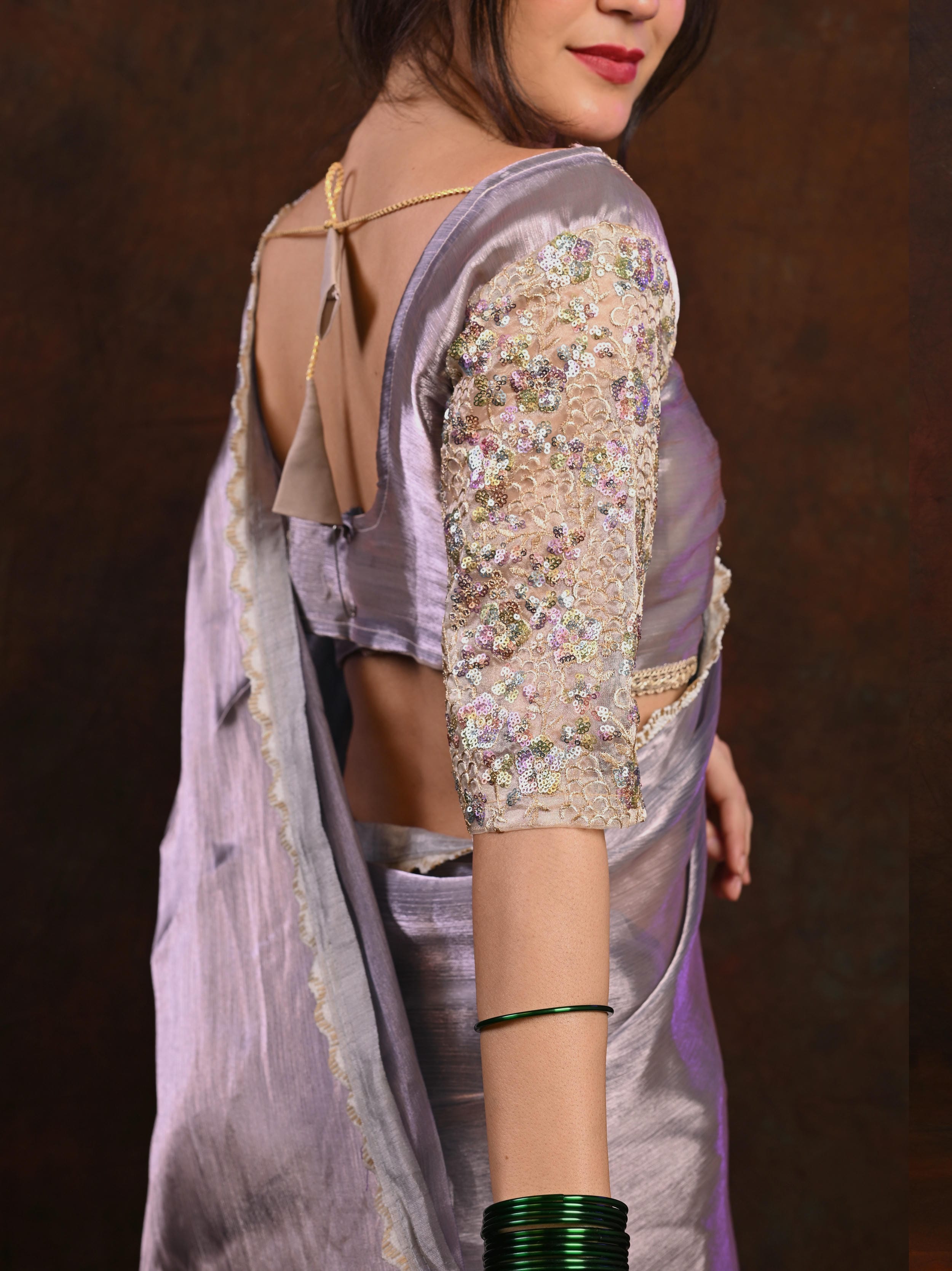 Premium Glass Tissue Silk Saree with Two-Tone Zari and Gold Lace Border