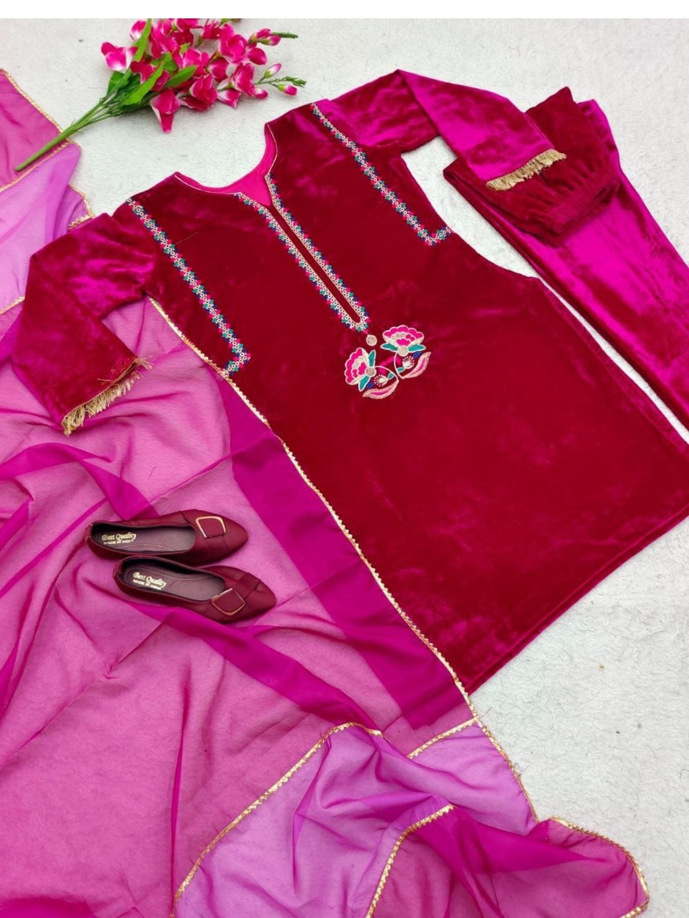 Premium Pure Velvet Three-Piece Suit with Embroidery&Dupatta