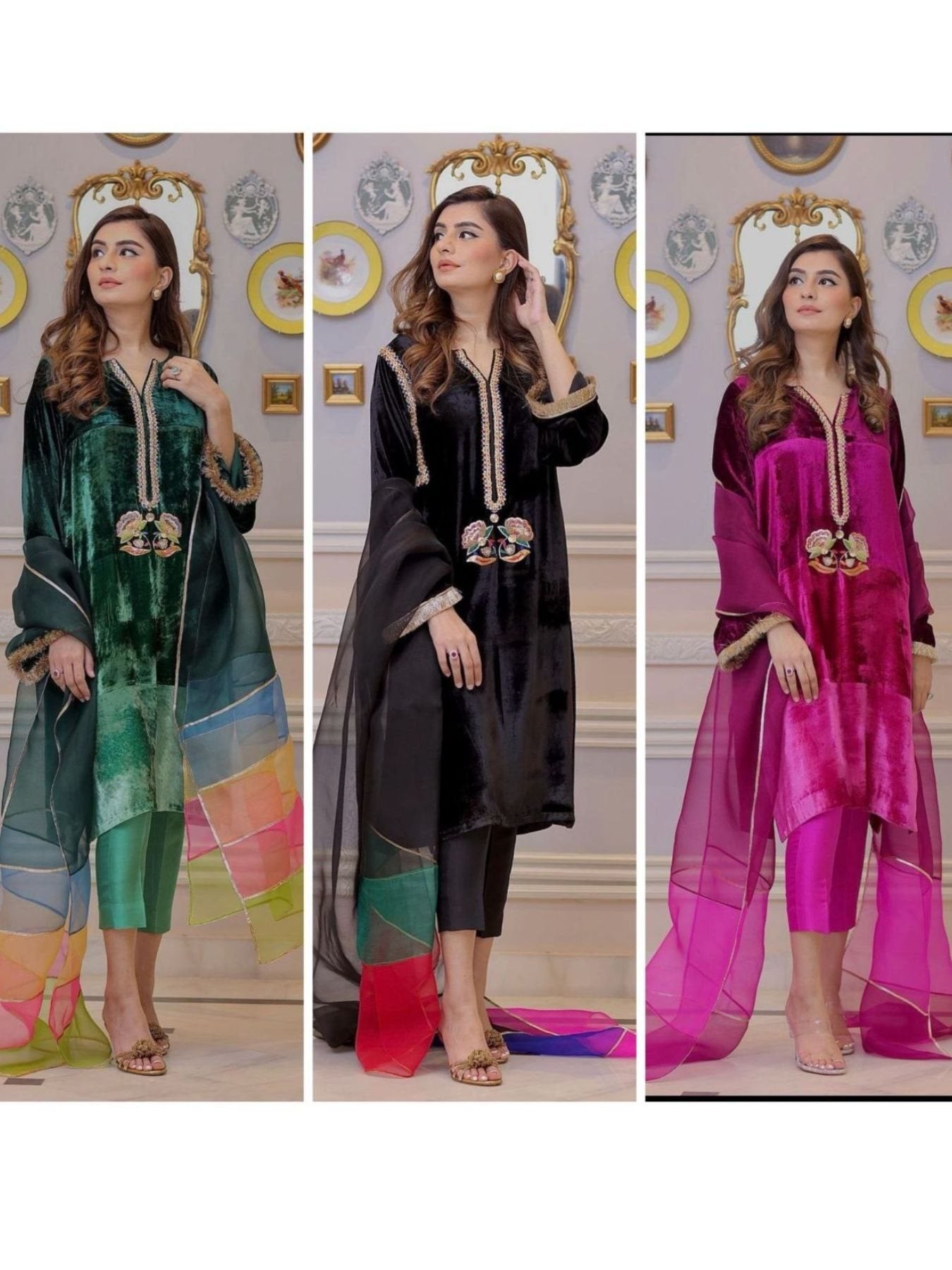 Premium Pure Velvet Three-Piece Suit with Embroidery&Dupatta