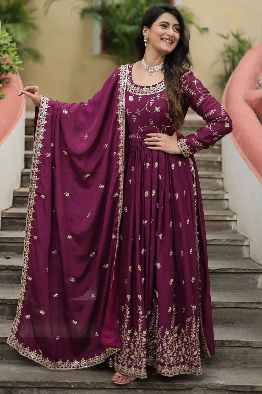 Wine Chinon Sharara Suit with Sequins Embroidery XL