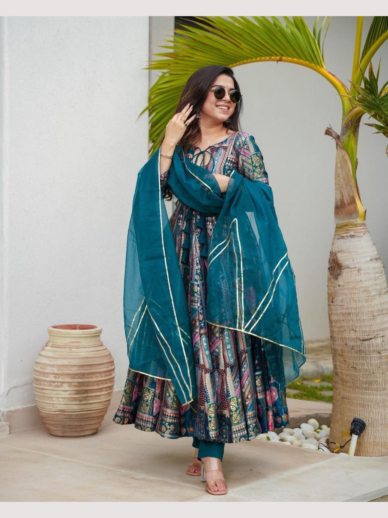 Elegant Anarkali gown with teal dupatta