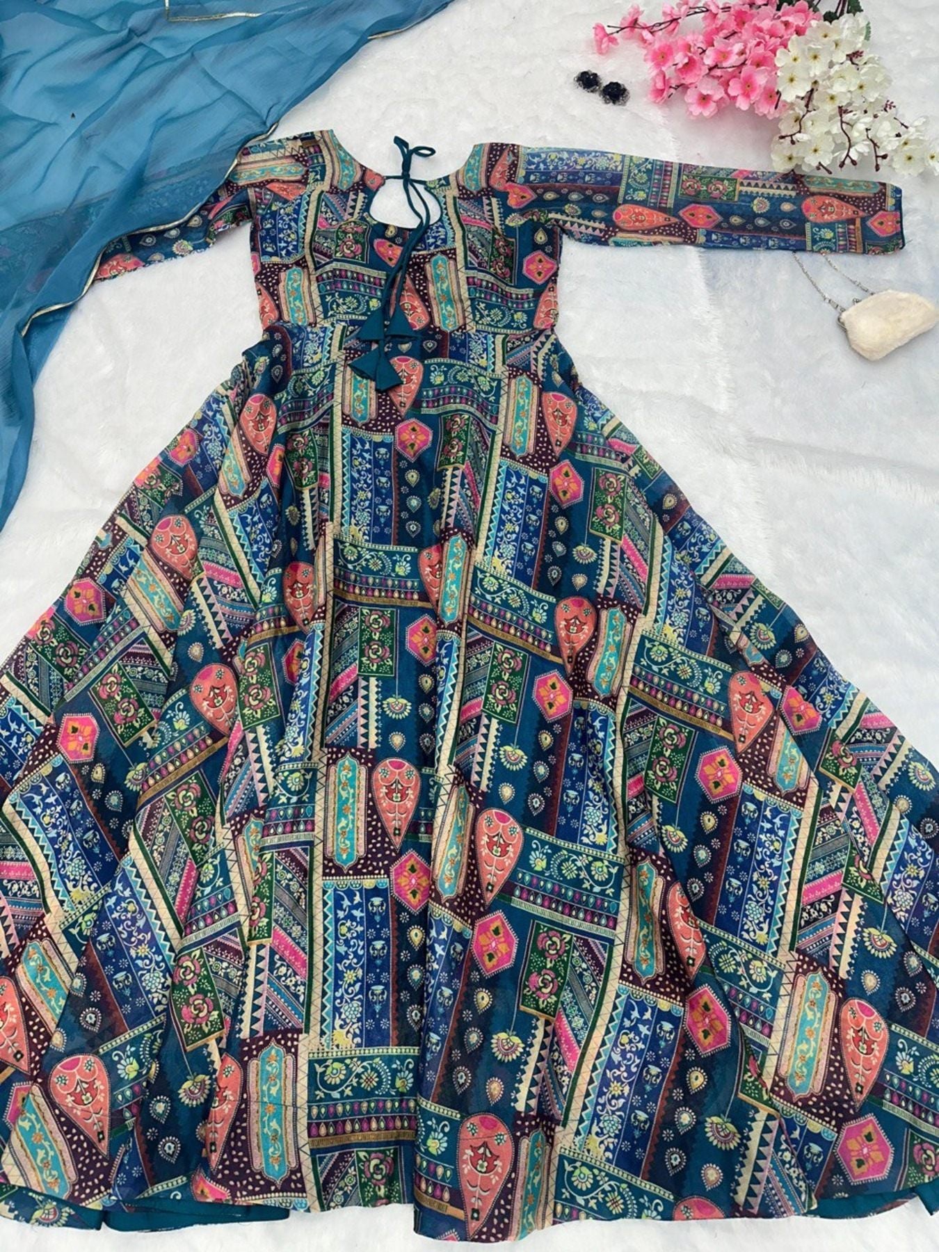 Flat lay of digital printed Anarkali gown