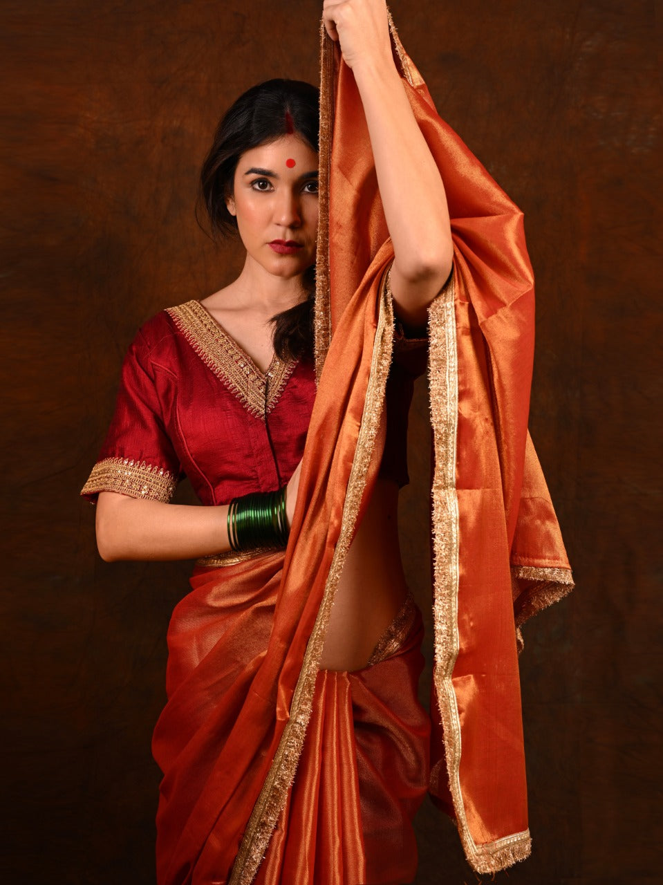 Pure Dual Shade Silk Saree with Stitched Embroidered Blouse