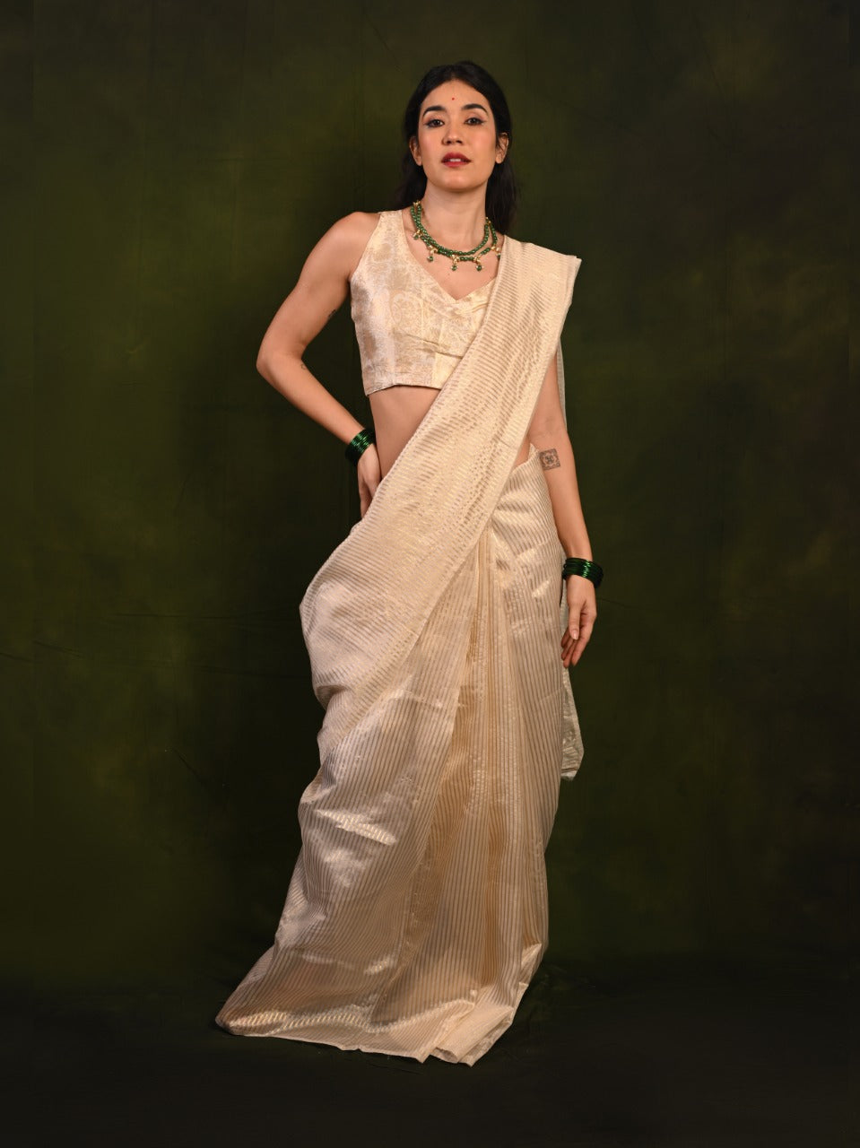 Pure Soft Organza Saree with Golden Zari Stripes & Brocade Blouse