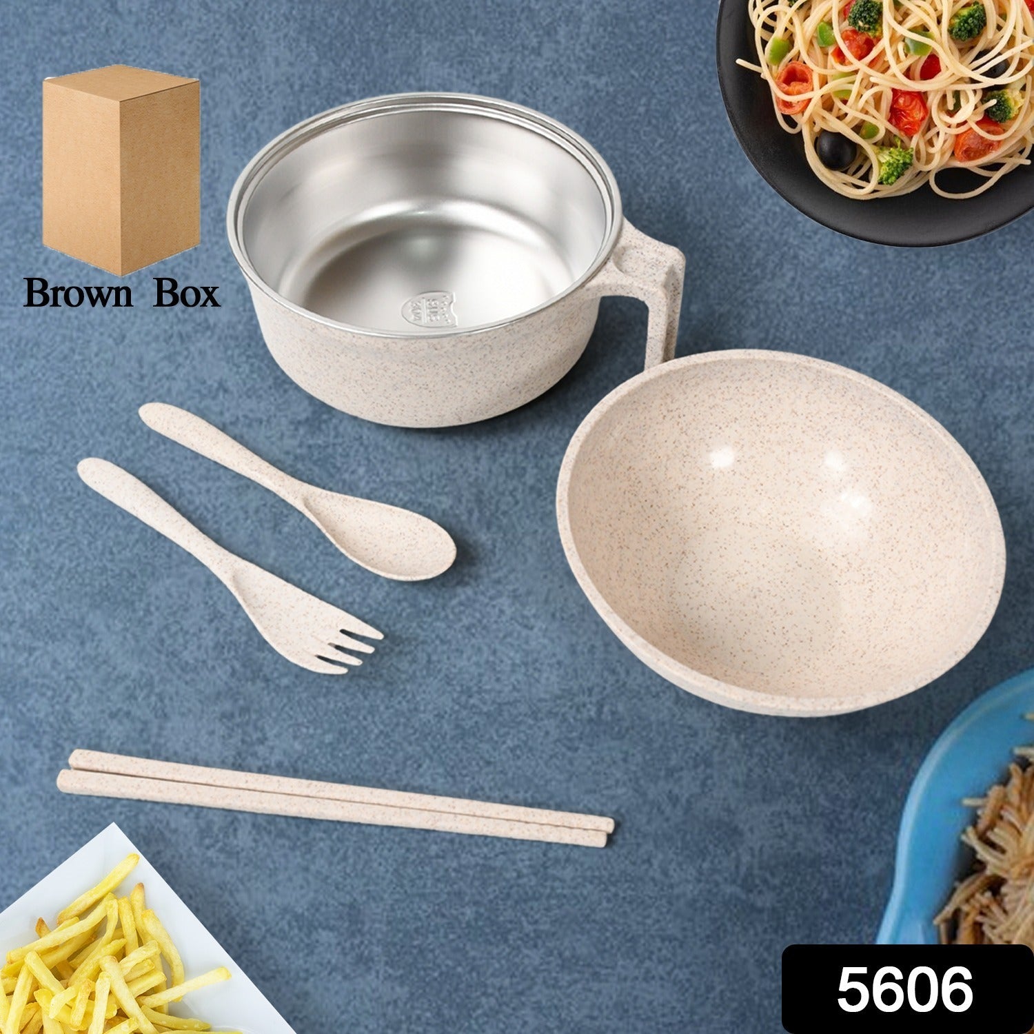 5606 Rice Bowl Noodle 1 Bowl With 1 Lid And Handle Wheat Straw Noodle Bowls With Wheat Straw 1 Fork 2 Chopsticks 1 Spoon For Soup Salad Cooker Snack Set (6 Pcs Set)